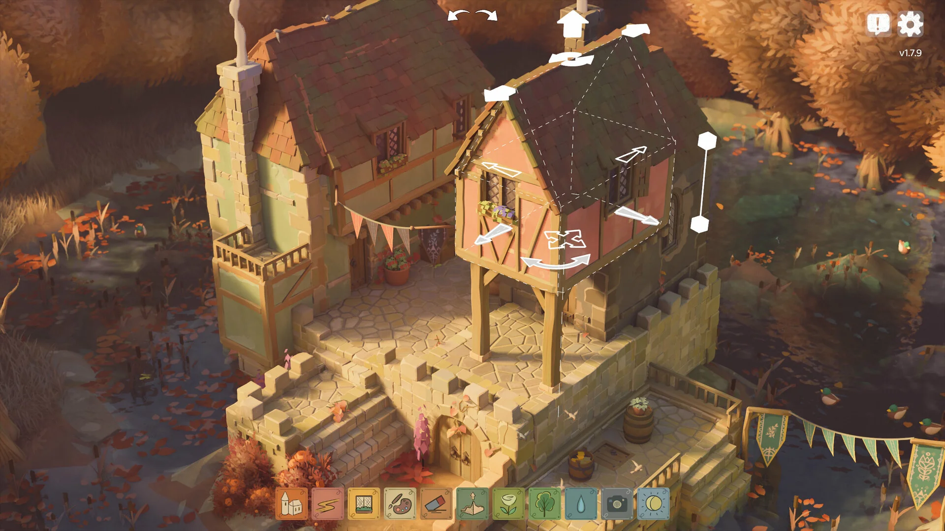 A roof is adjusted on a timber building in Tiny Glade.