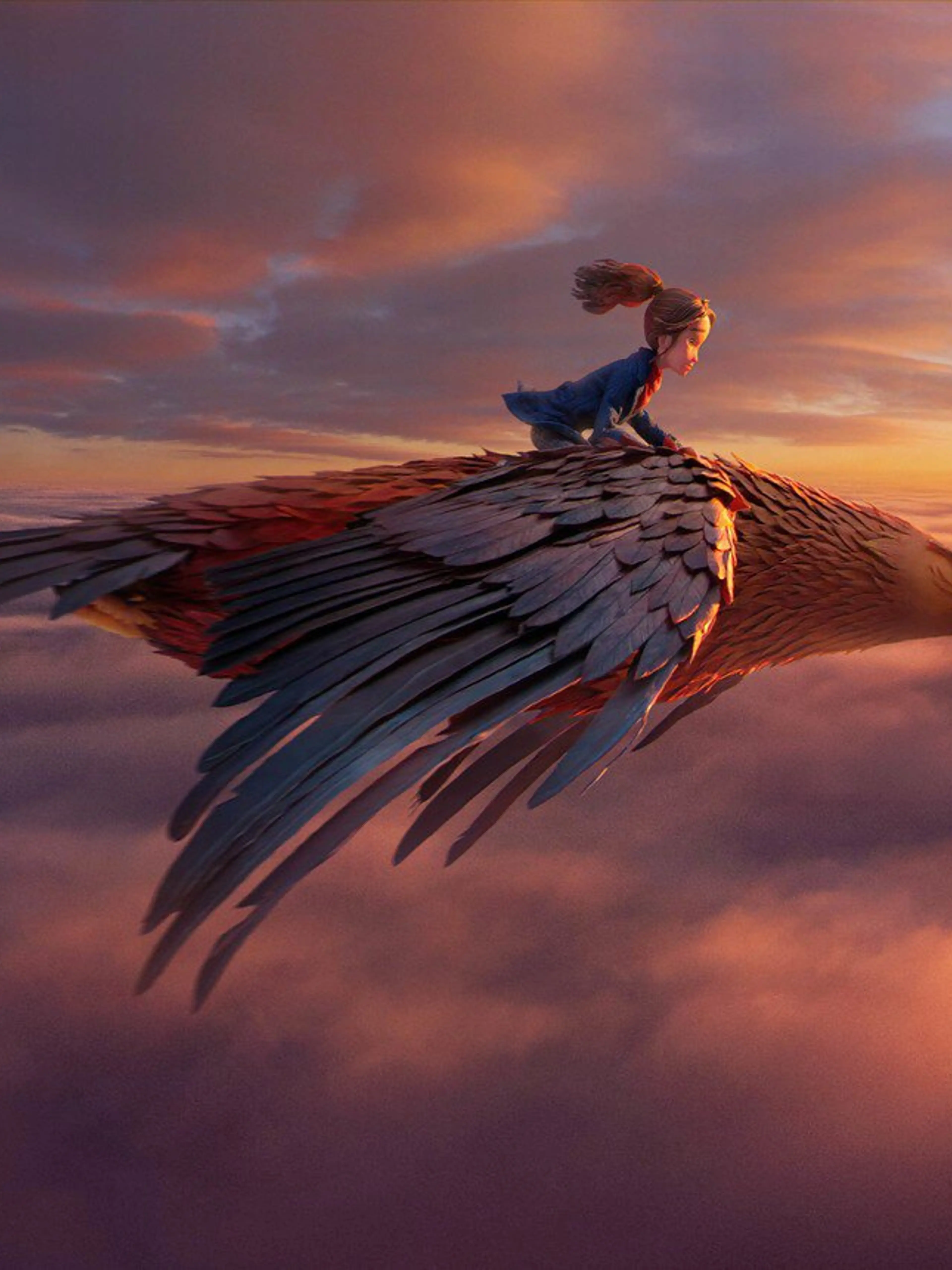 Prue rides a giant eagle over the forest in an official Wildwood still.