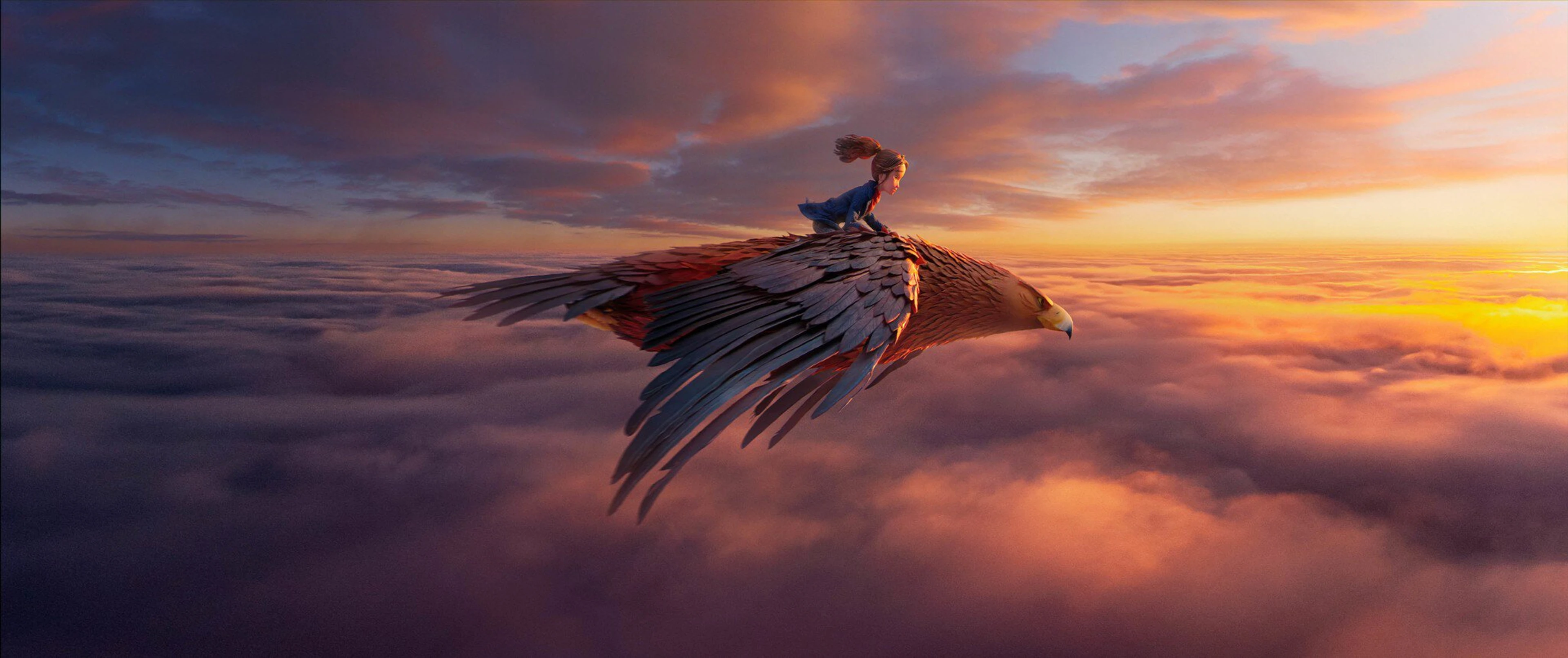 Prue rides a giant eagle over the forest in an official Wildwood still.