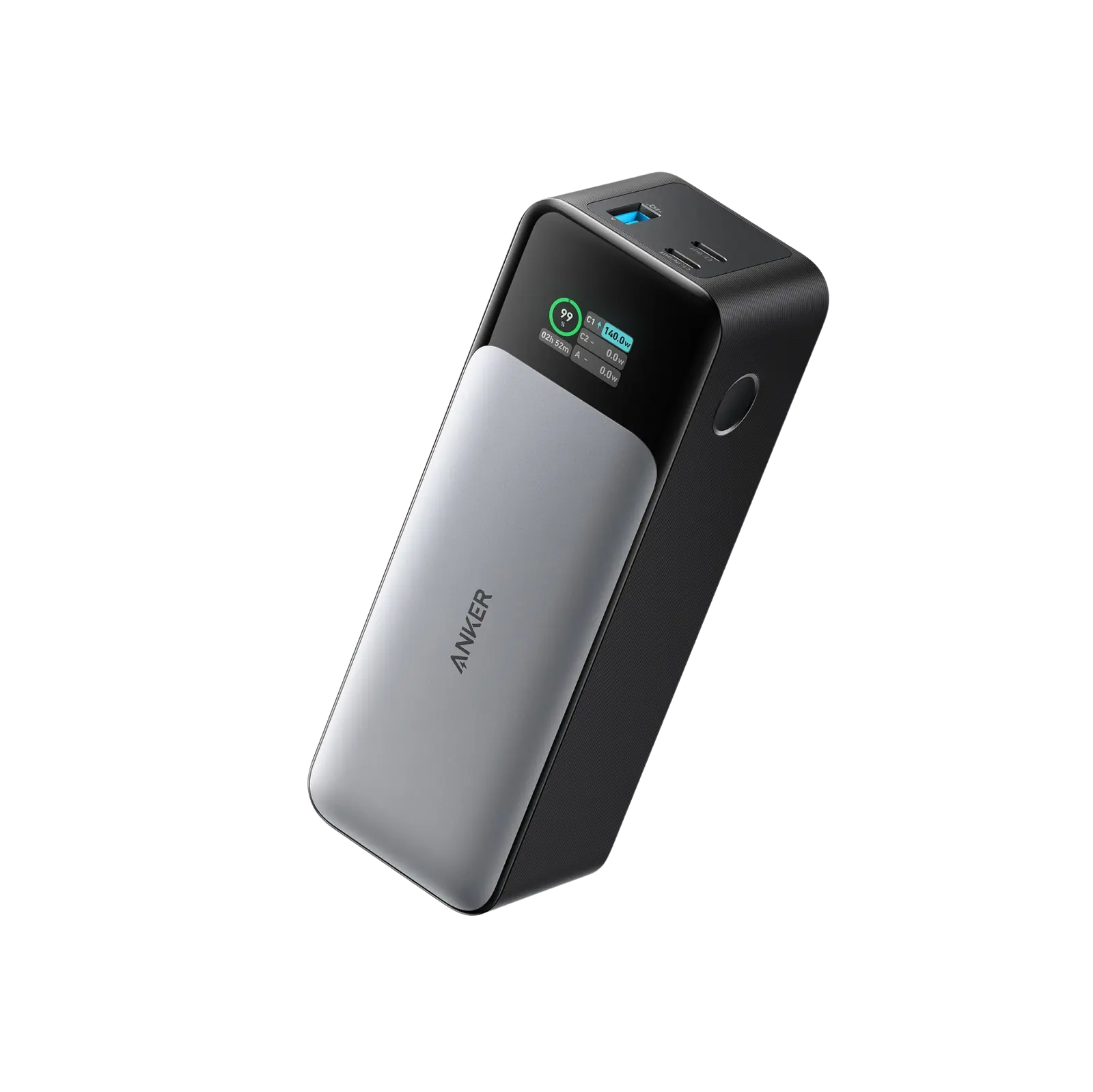 Anker 737 A1289 power bank with two USB-C ports, one USB-A port and a power display