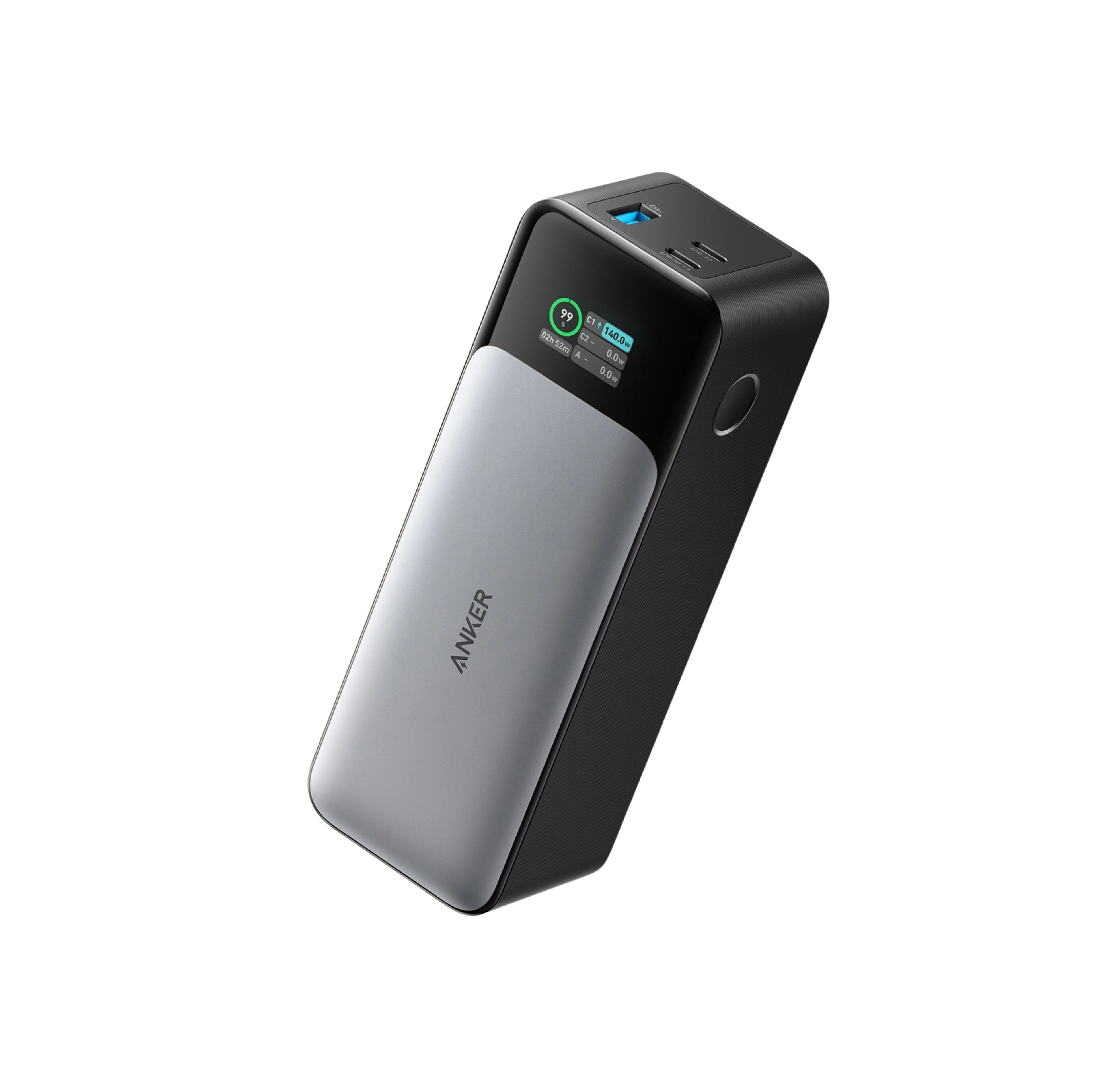 Anker 737 A1289 power bank with two USB-C ports, one USB-A port and a power display