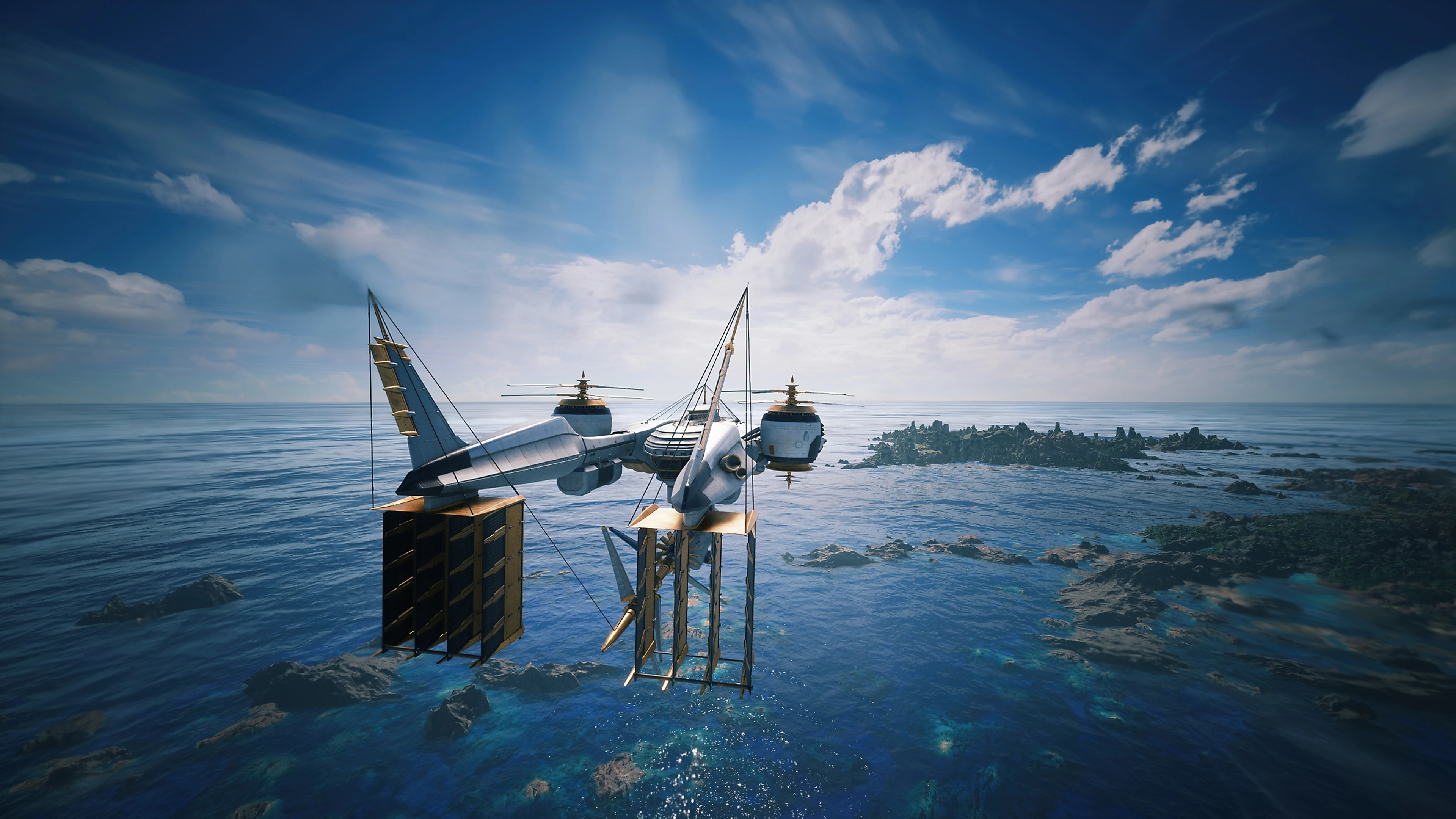 The Highwind airship flies above an island in Final Fantasy VII Revelation.