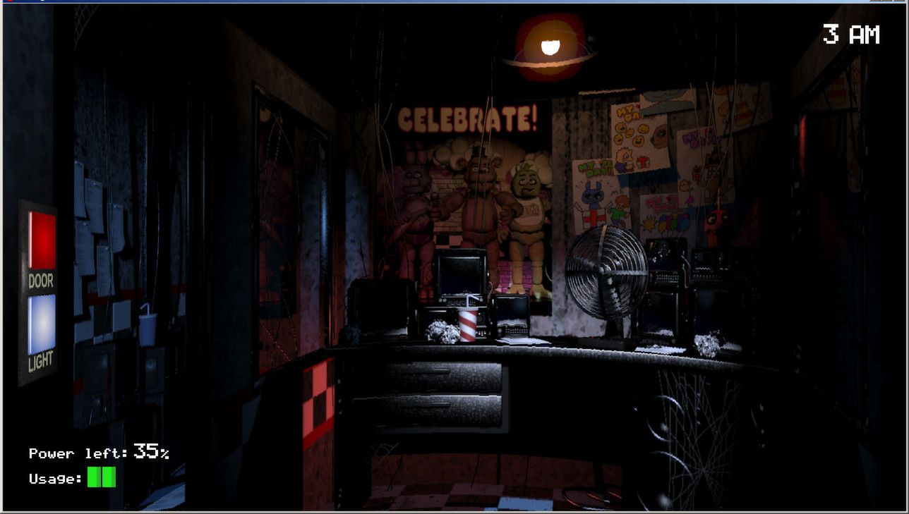 The security office, fan and door controls at 3 AM in Five Nights at Freddy's.
