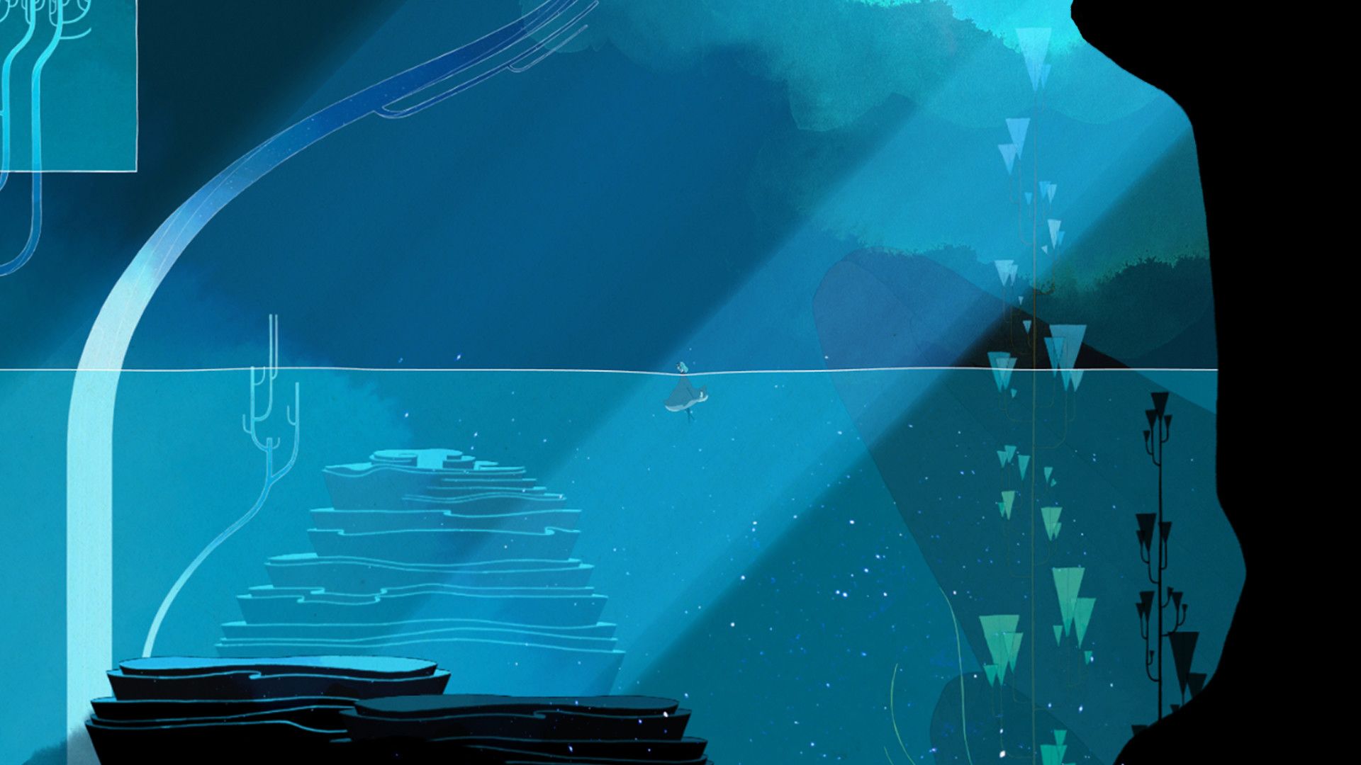 Blue light falls across steps and a pool inside a cave in GRIS.