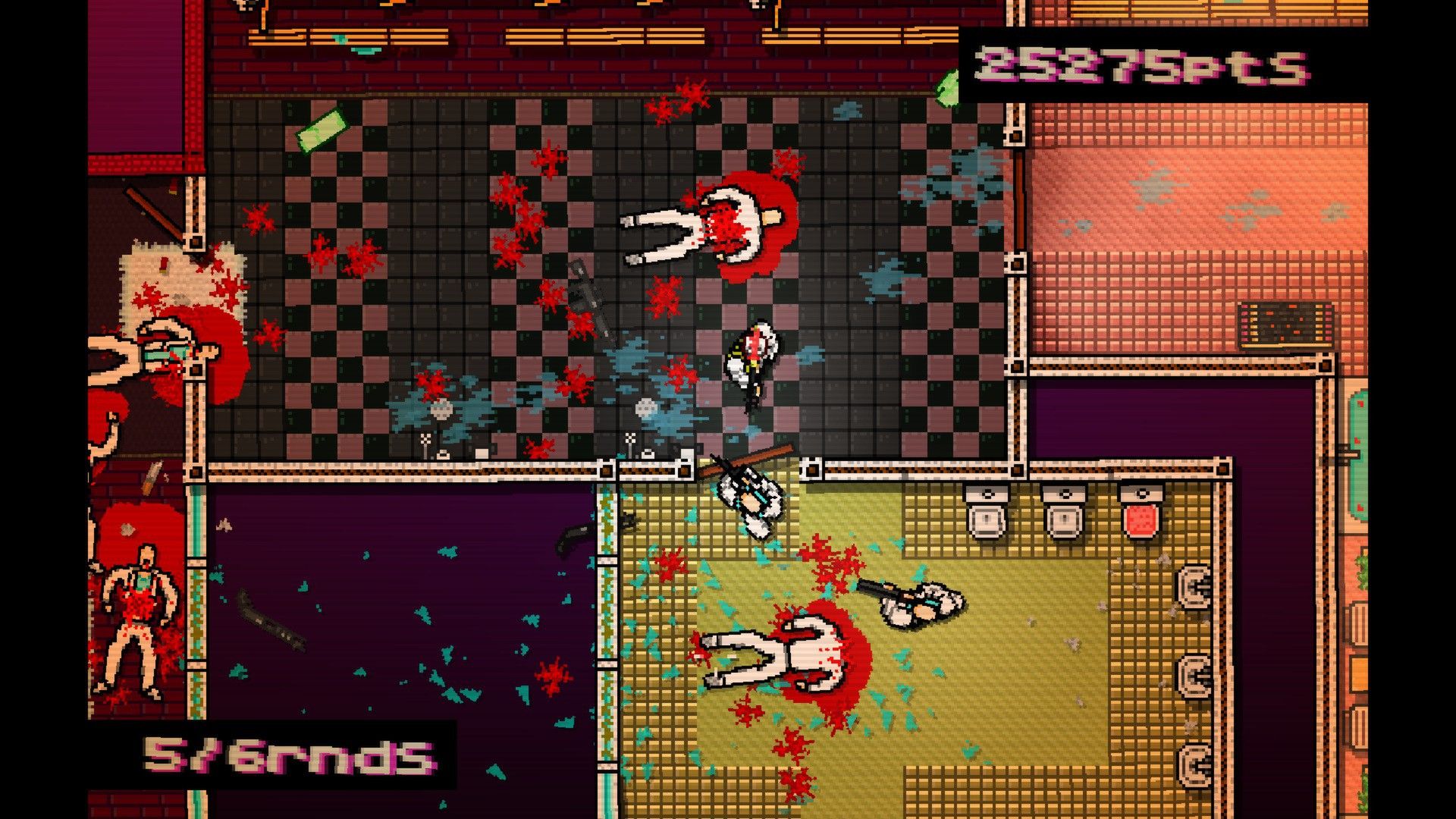 A masked figure stands in a tiled room beside dropped weapons and blood, with a points counter at the top.