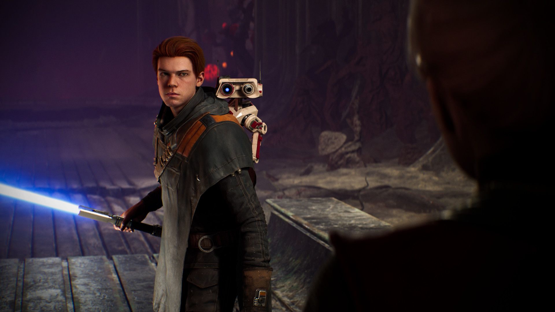 Cal Kestis stands with BD-1 on his shoulder and a blue lightsaber in hand.