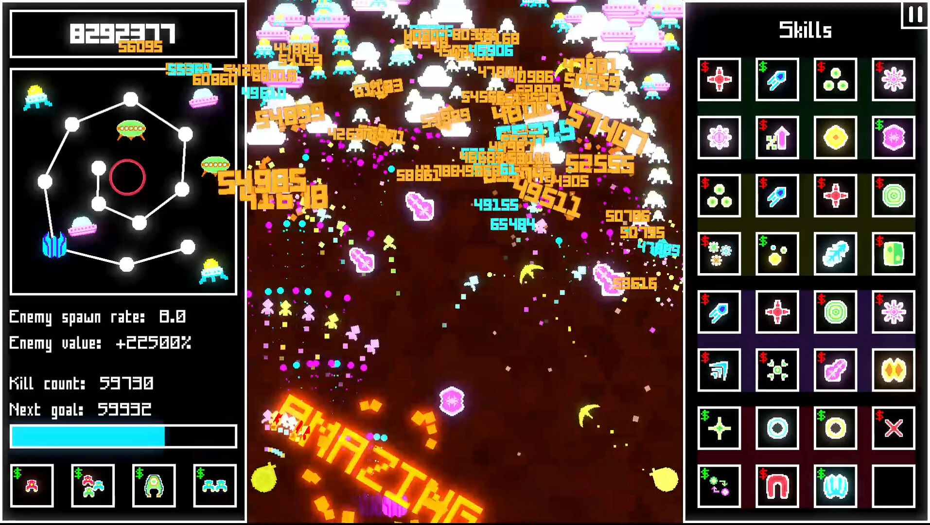 Alien swarms and the skills panel in Increvaders.