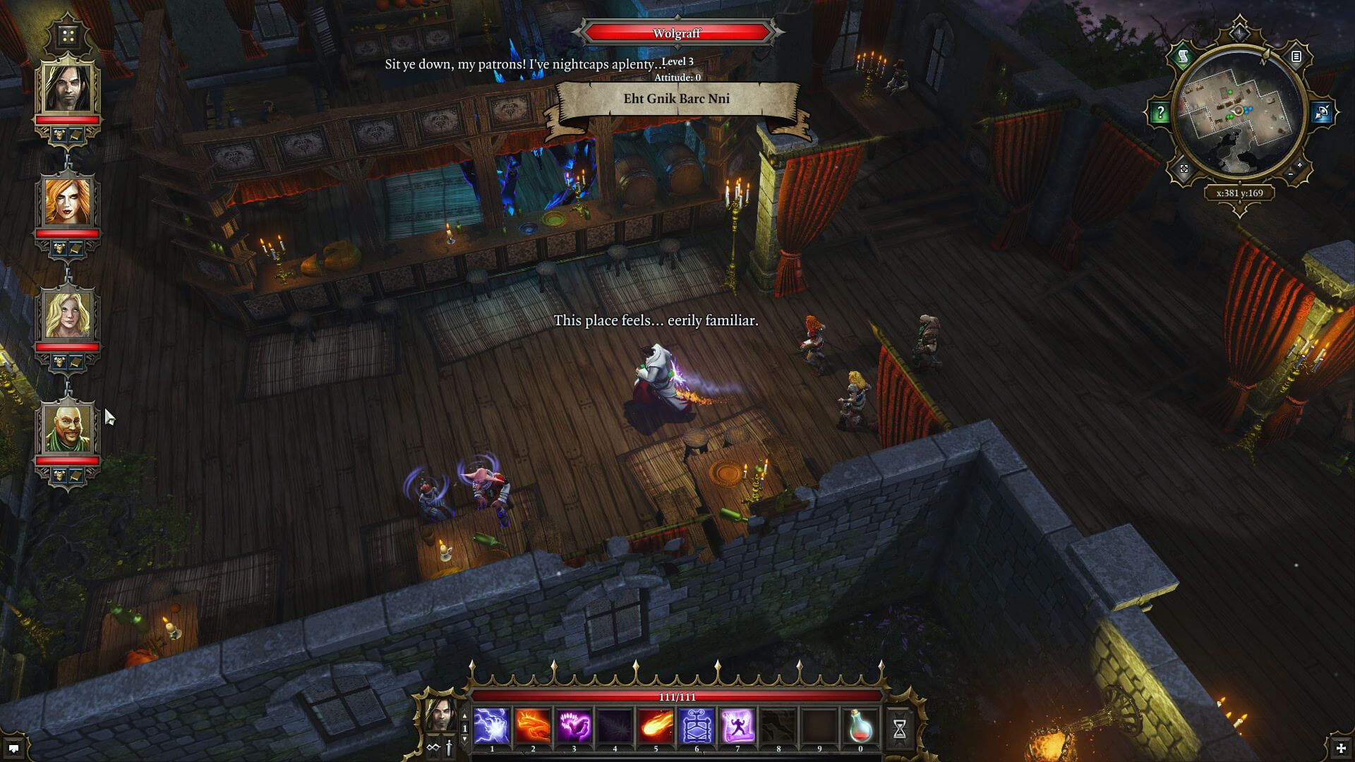Party members talk with a character inside a tavern.