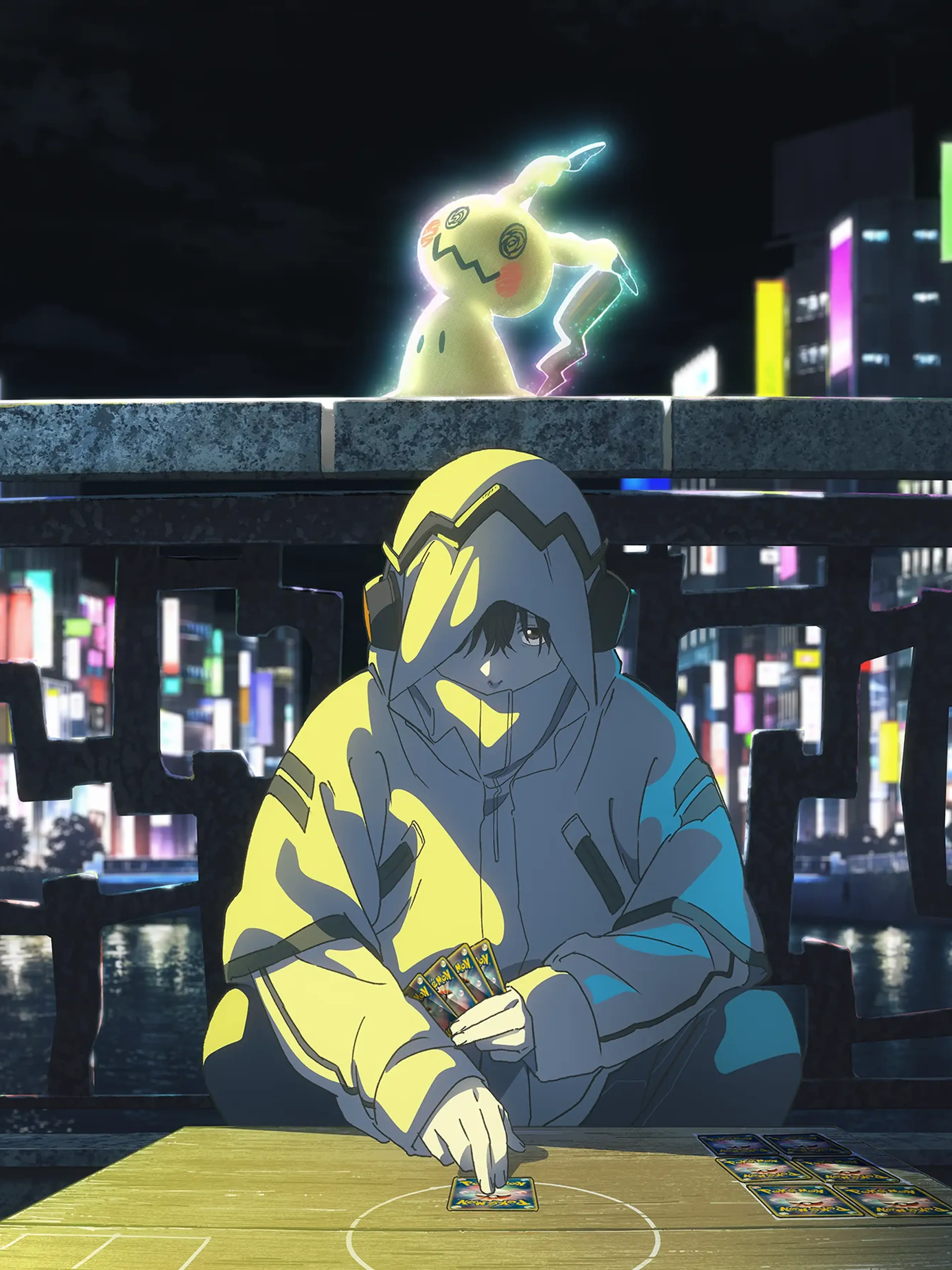 An aspiring Pokémon Trading Card Game player sits with cards at a table as Mimikyu stands behind them in the official Pokémon: Wild Card visual.