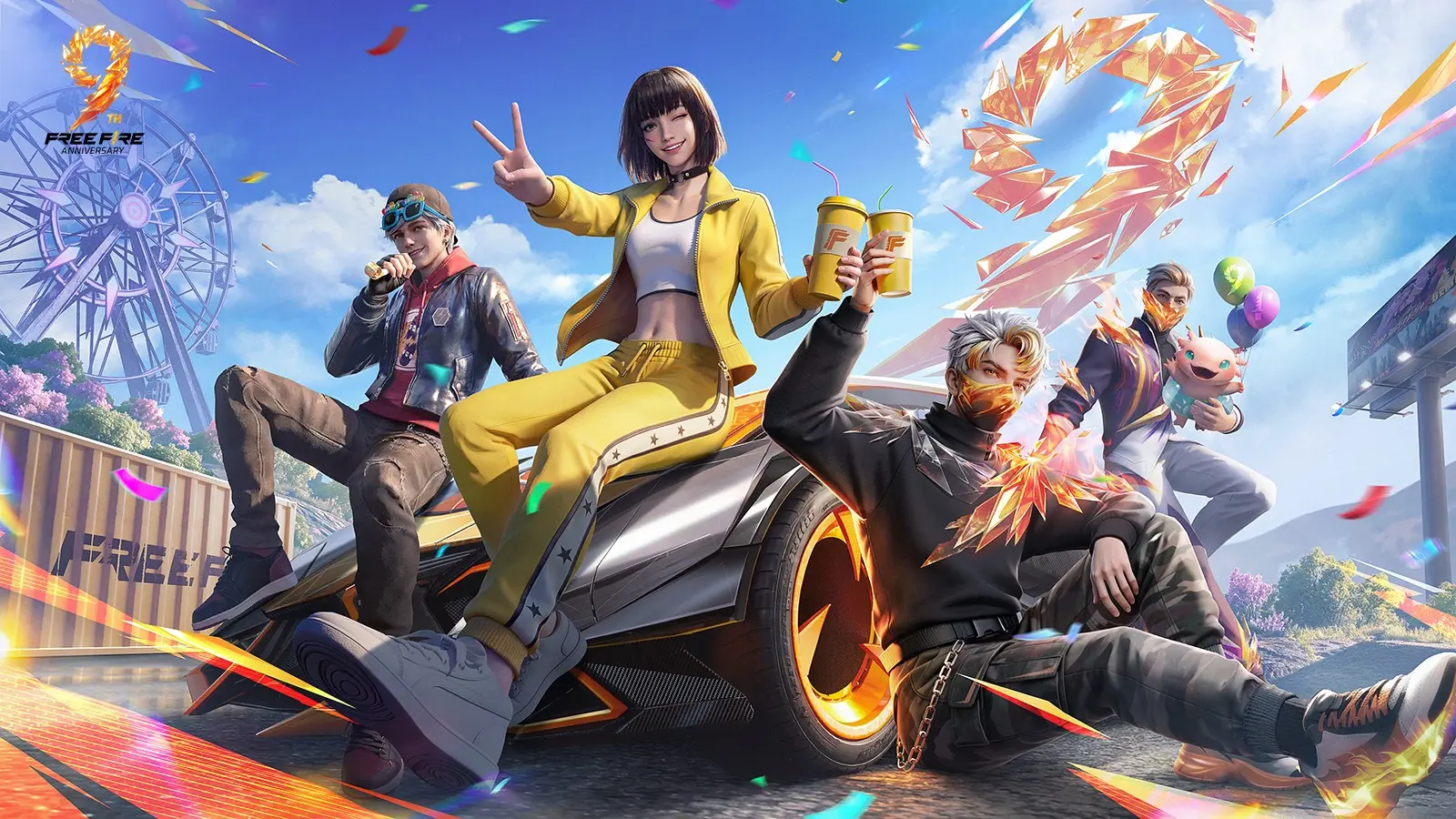 A Free Fire MAX squad gathered around a car during the ninth anniversary