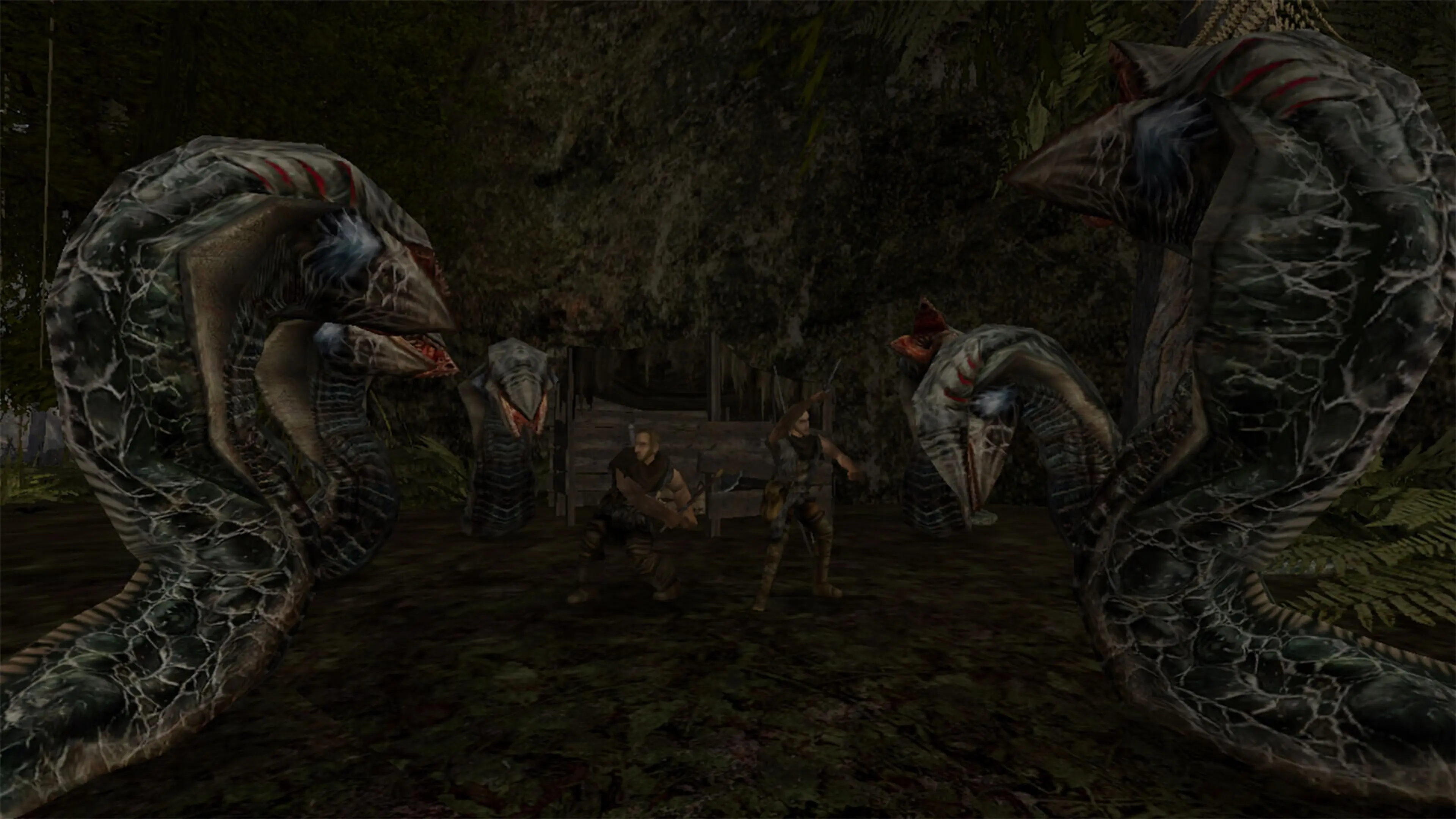 The Nameless Hero stands among several large reptilian creatures.
