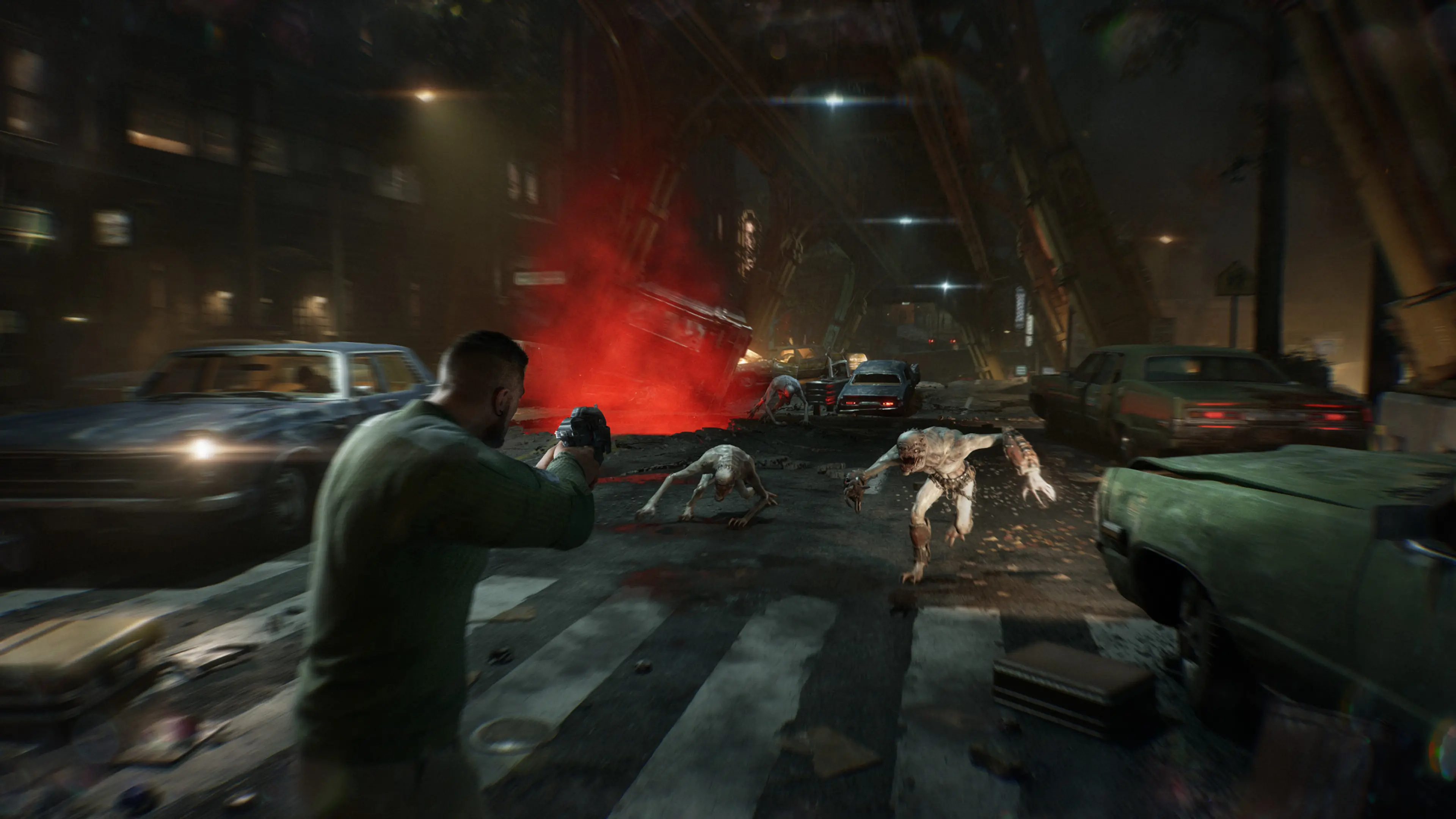 Dom fires his weapon at small Wretches emerging into a street.