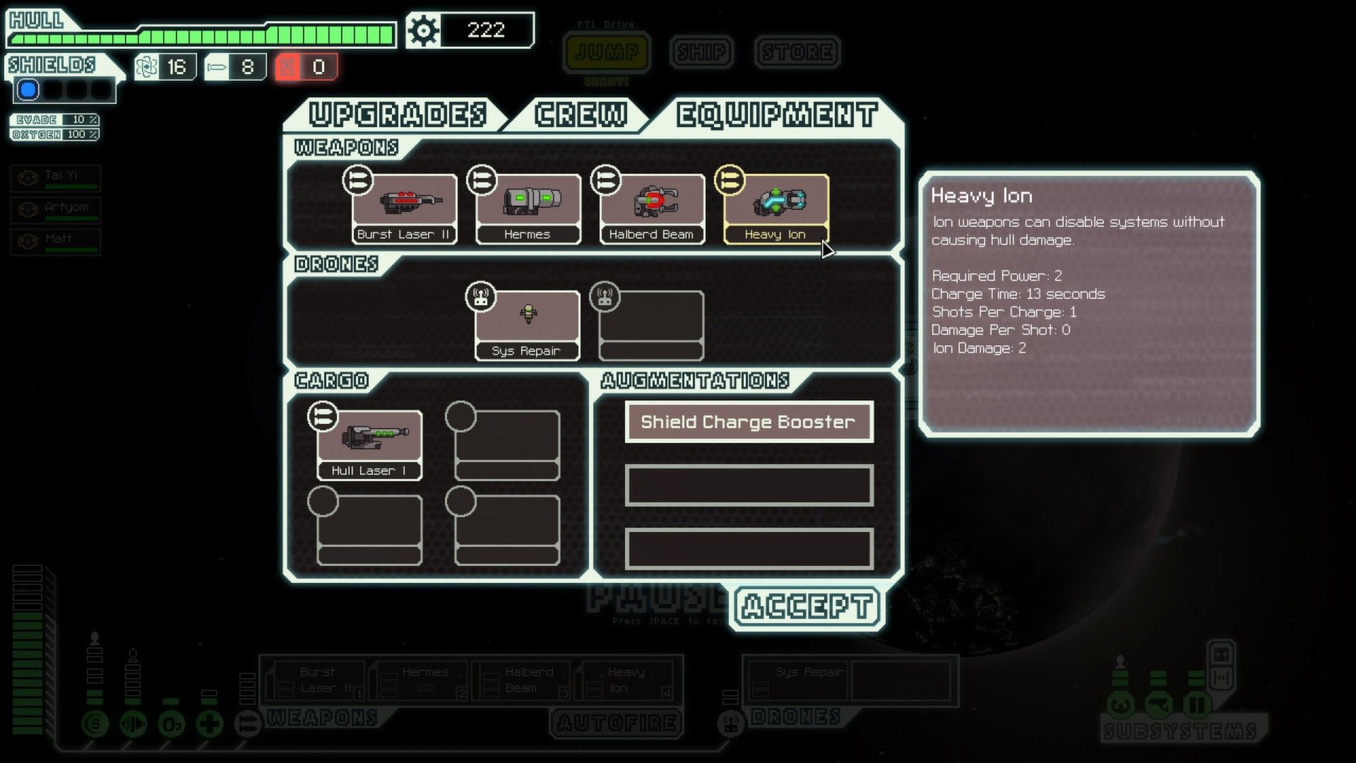 The FTL equipment screen lists weapons, drones, cargo and upgrades beside the ship status HUD.