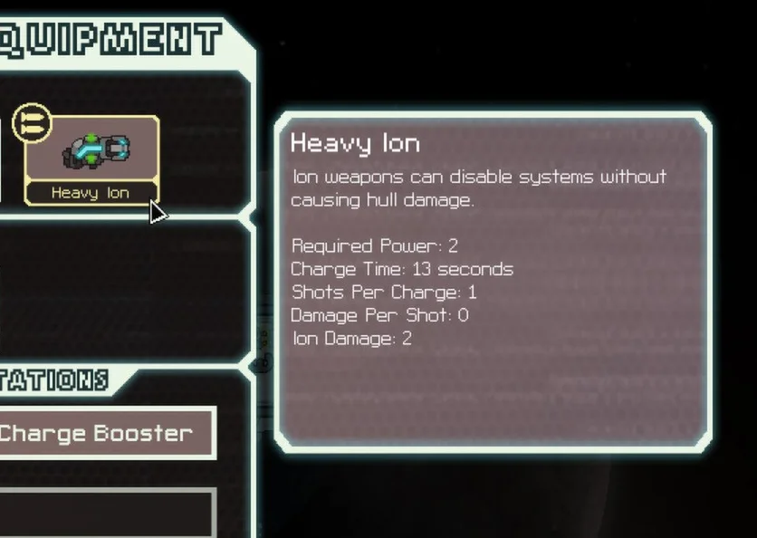Closer view of the FTL Heavy Ion equipment tooltip reading Required Power: 2.