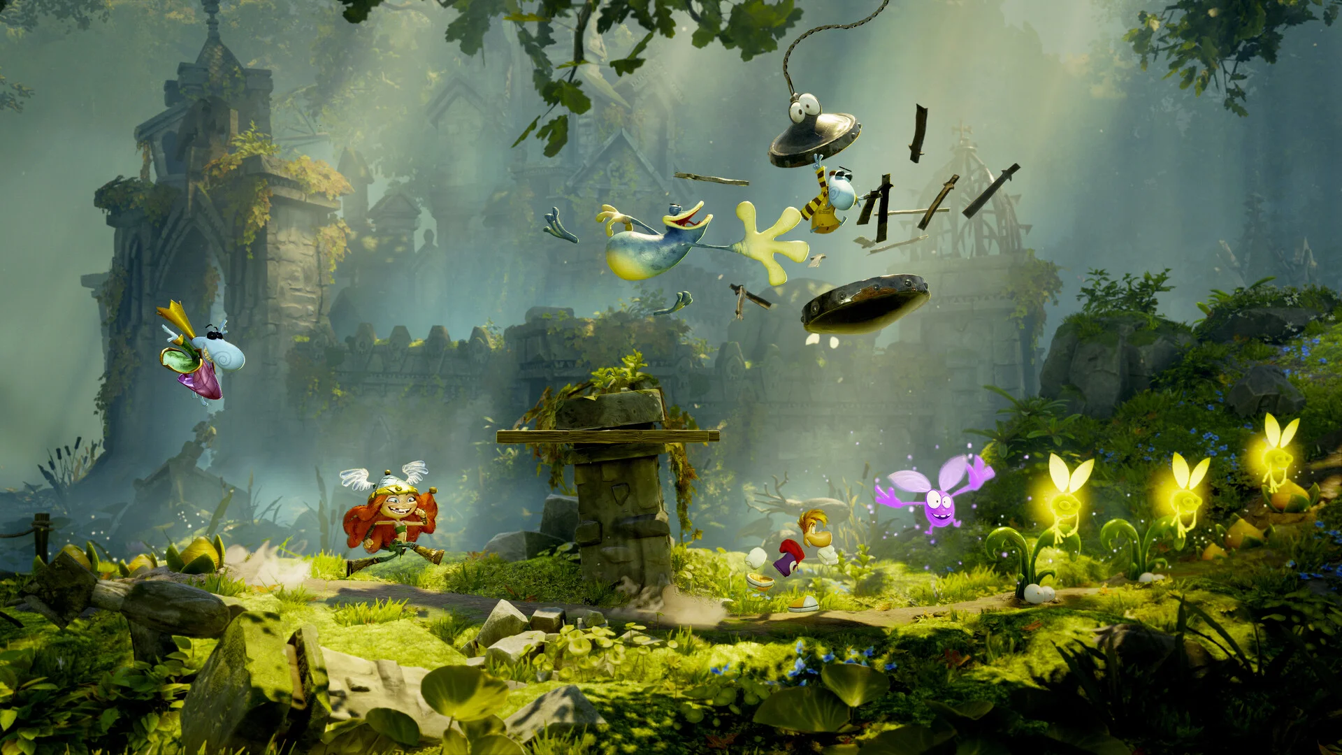 Rayman and his friends run through a bright overgrown ruin in a clean Rayman Legends Retold gameplay screenshot.