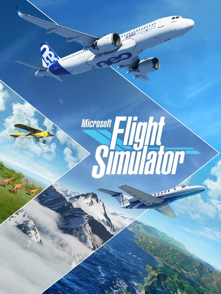 Official Microsoft Flight Simulator cover showing aircraft over a mountain landscape with the game title.