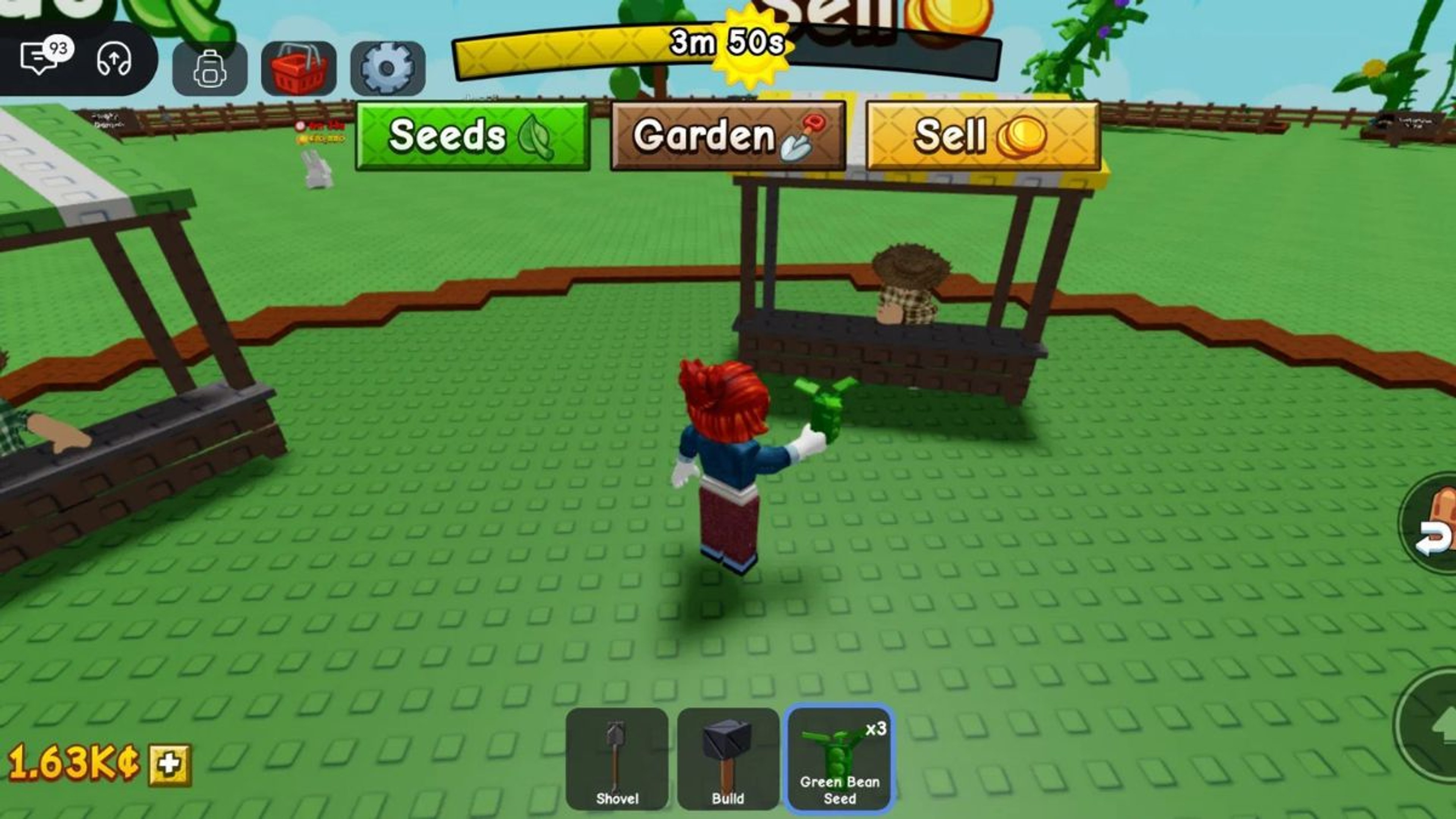 A player standing in front of the central Grow a Garden 2 Seed Shop with the restock timer visible.