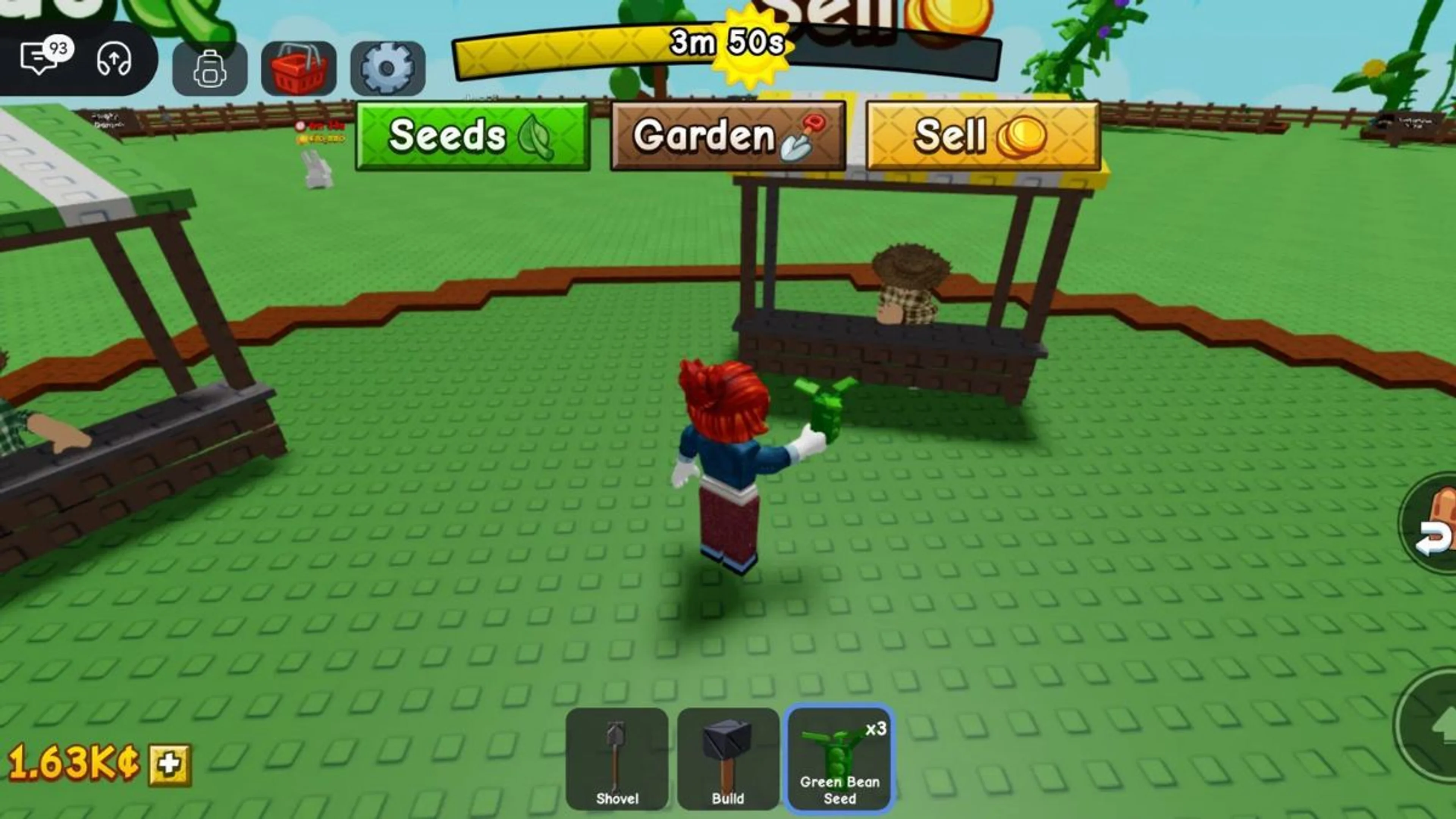 A player standing in front of the central Grow a Garden 2 Seed Shop with the restock timer visible.