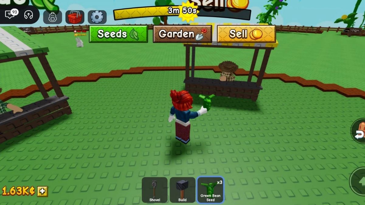 A player standing in front of the central Grow a Garden 2 Seed Shop with the restock timer visible.