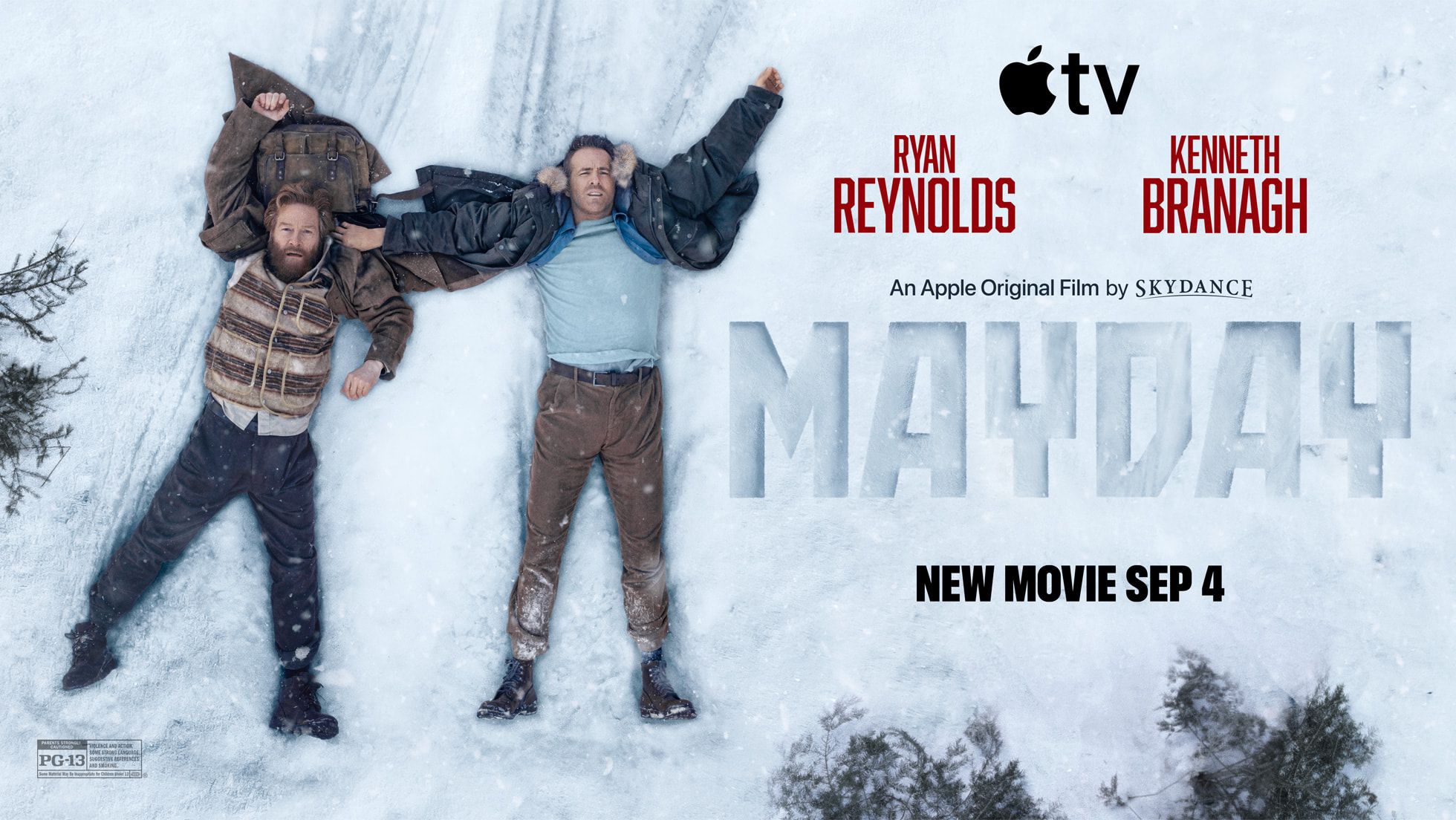 Ryan Reynolds and Kenneth Branagh lie in the snow in official Mayday artwork.