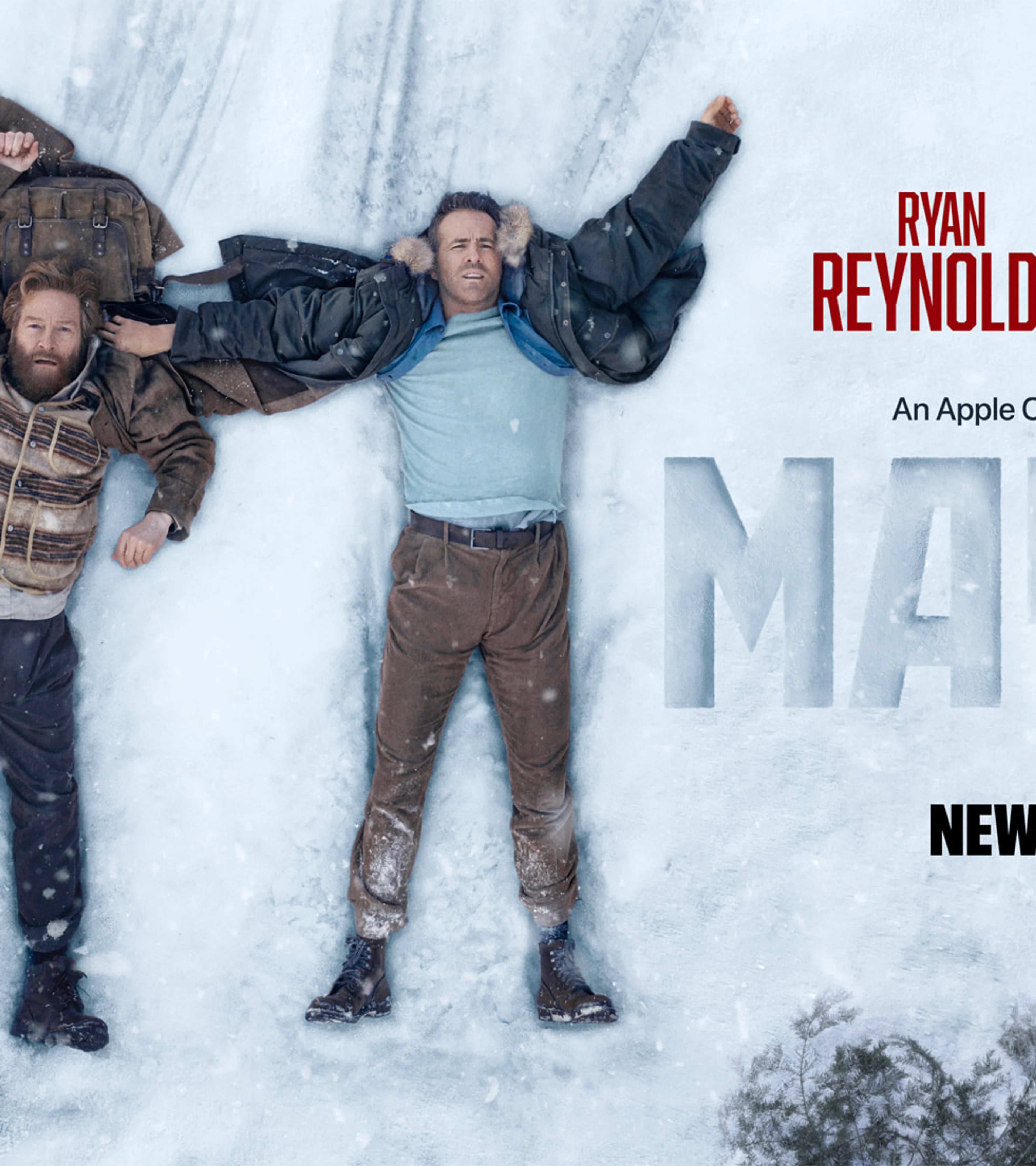 Ryan Reynolds and Kenneth Branagh lie in the snow in official Mayday artwork.