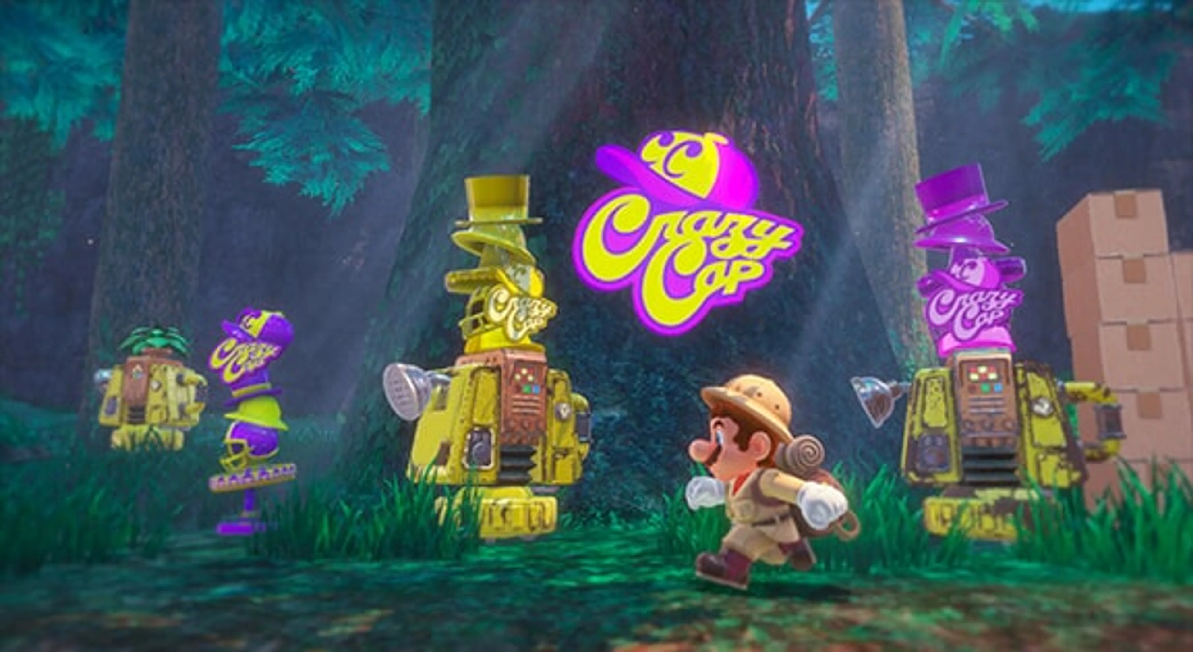 Mario stands outside a glowing Crazy Cap shop sign in a wooded kingdom.