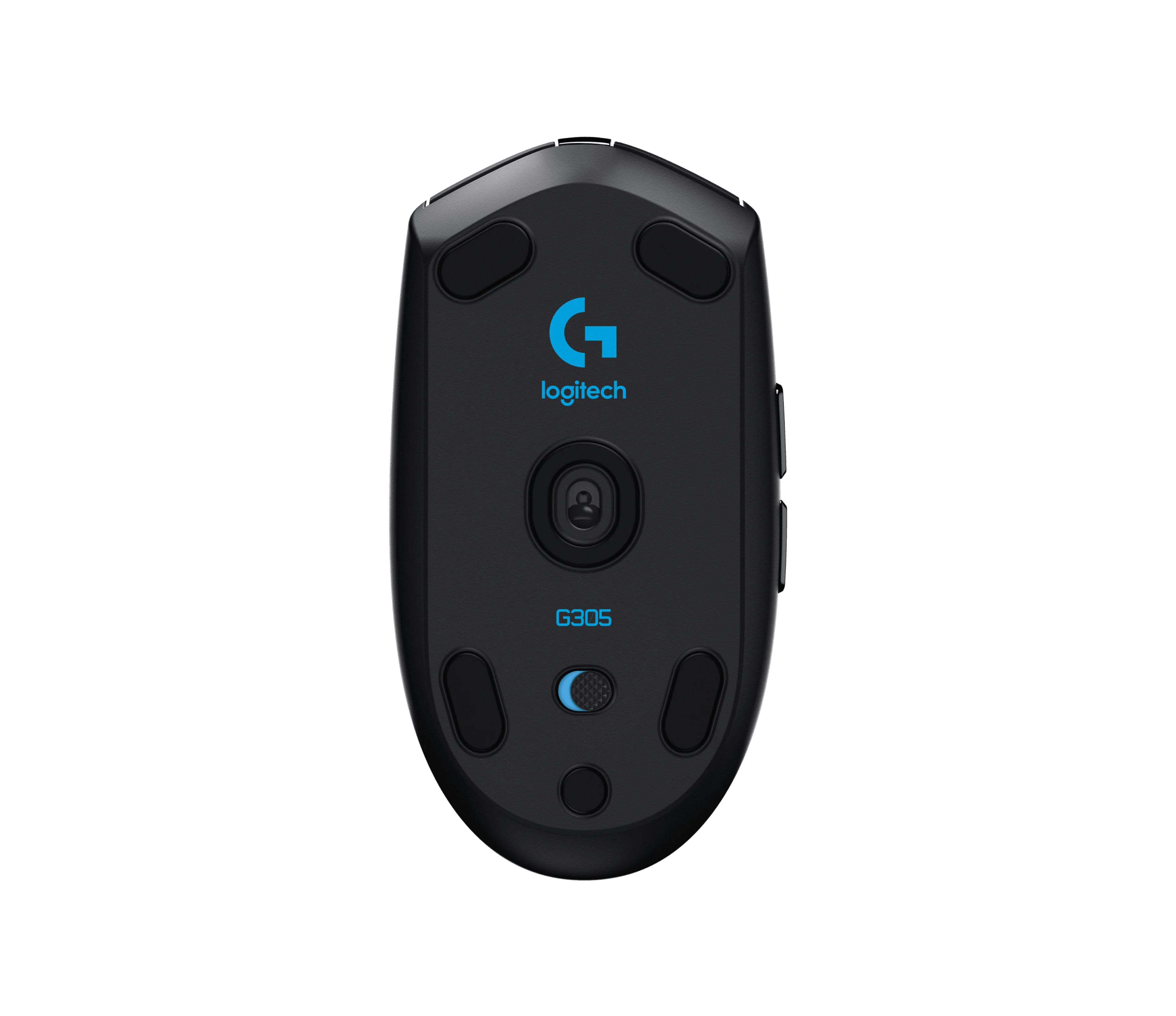 Underside of the black Logitech G305 showing its power switch