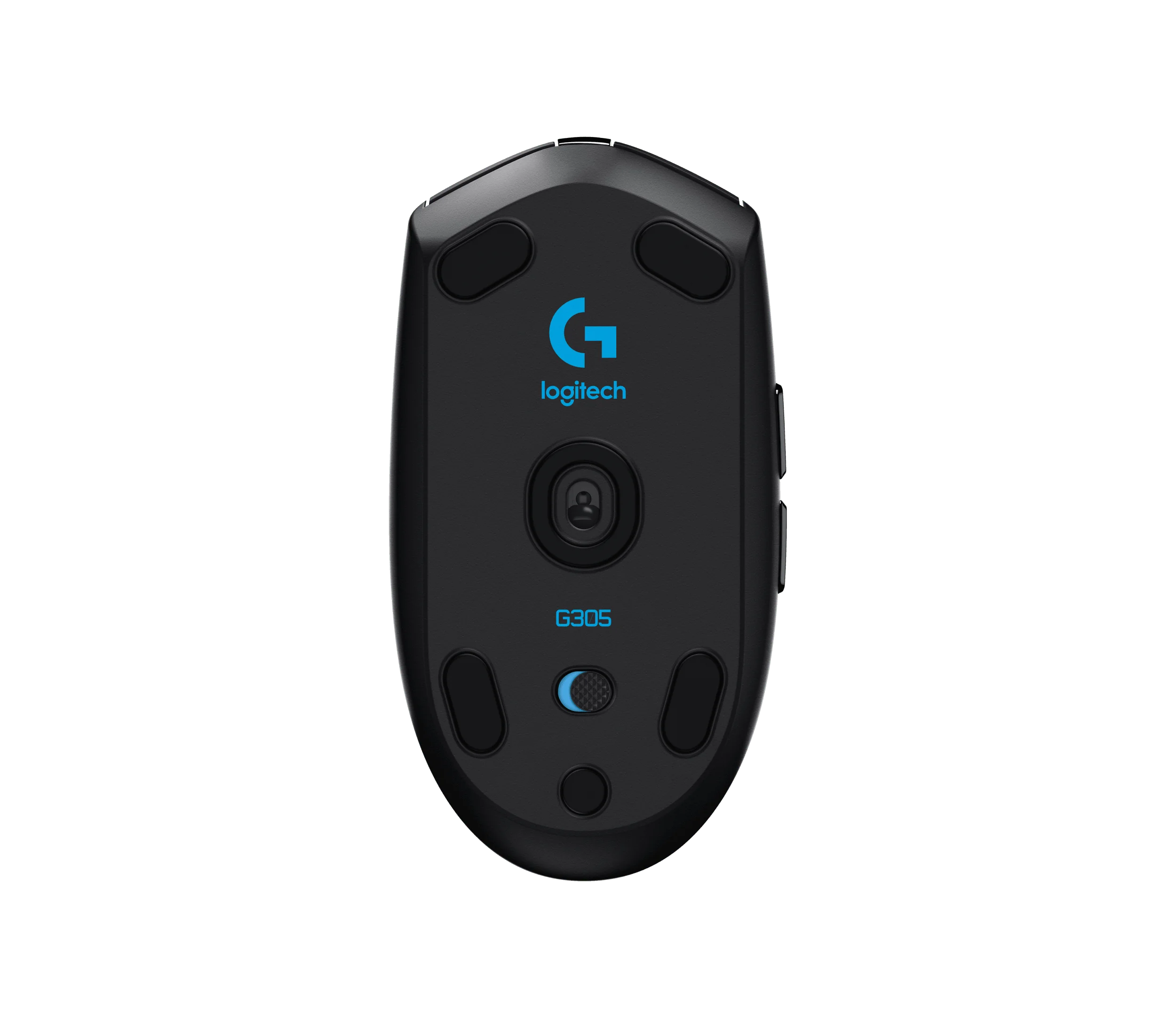 Underside of the black Logitech G305 showing its power switch
