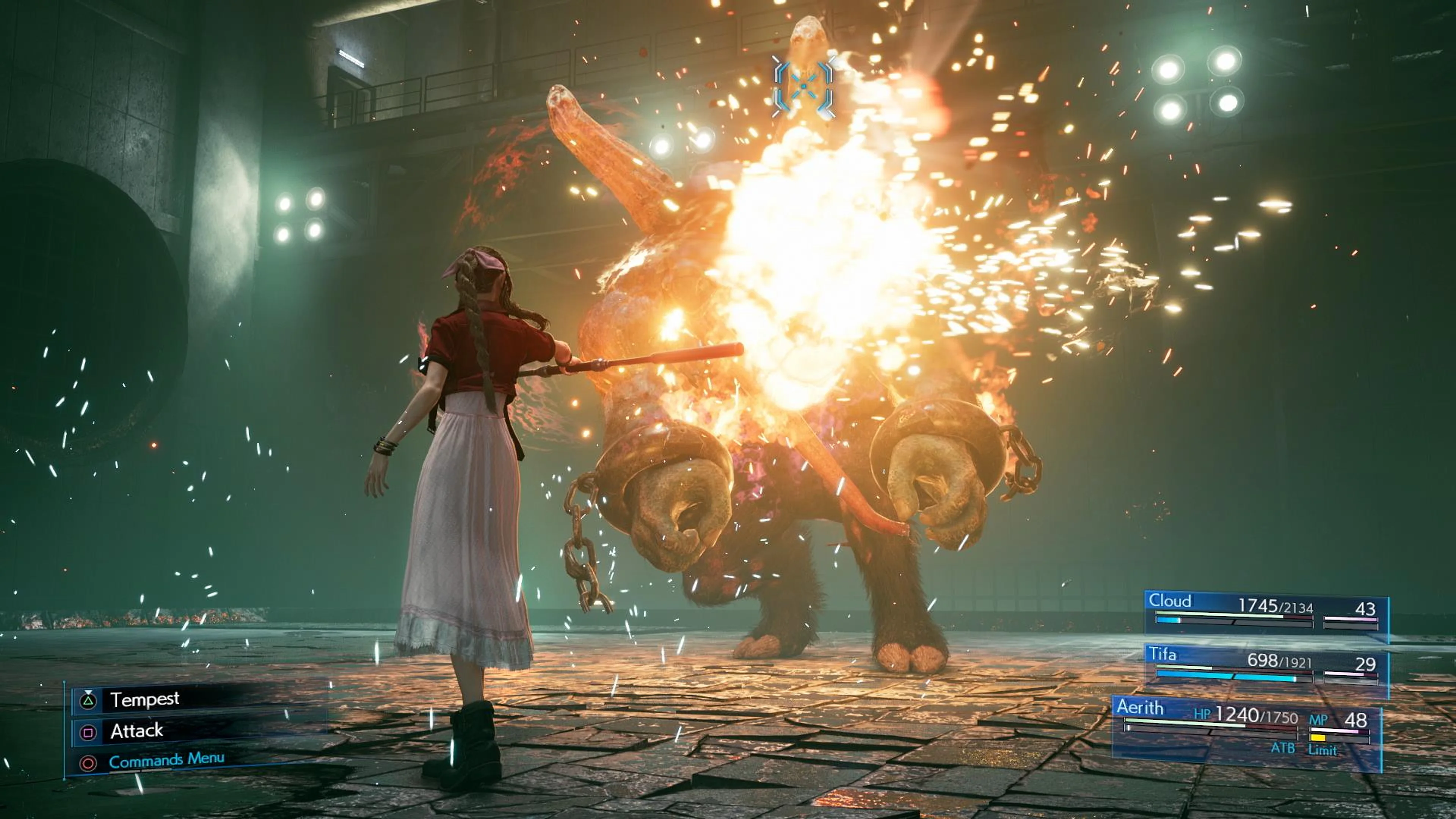 Official battle screenshot with Cloud, Tifa and Aerith rows at the bottom right; each row shows HP, MP and a blue ATB bar.