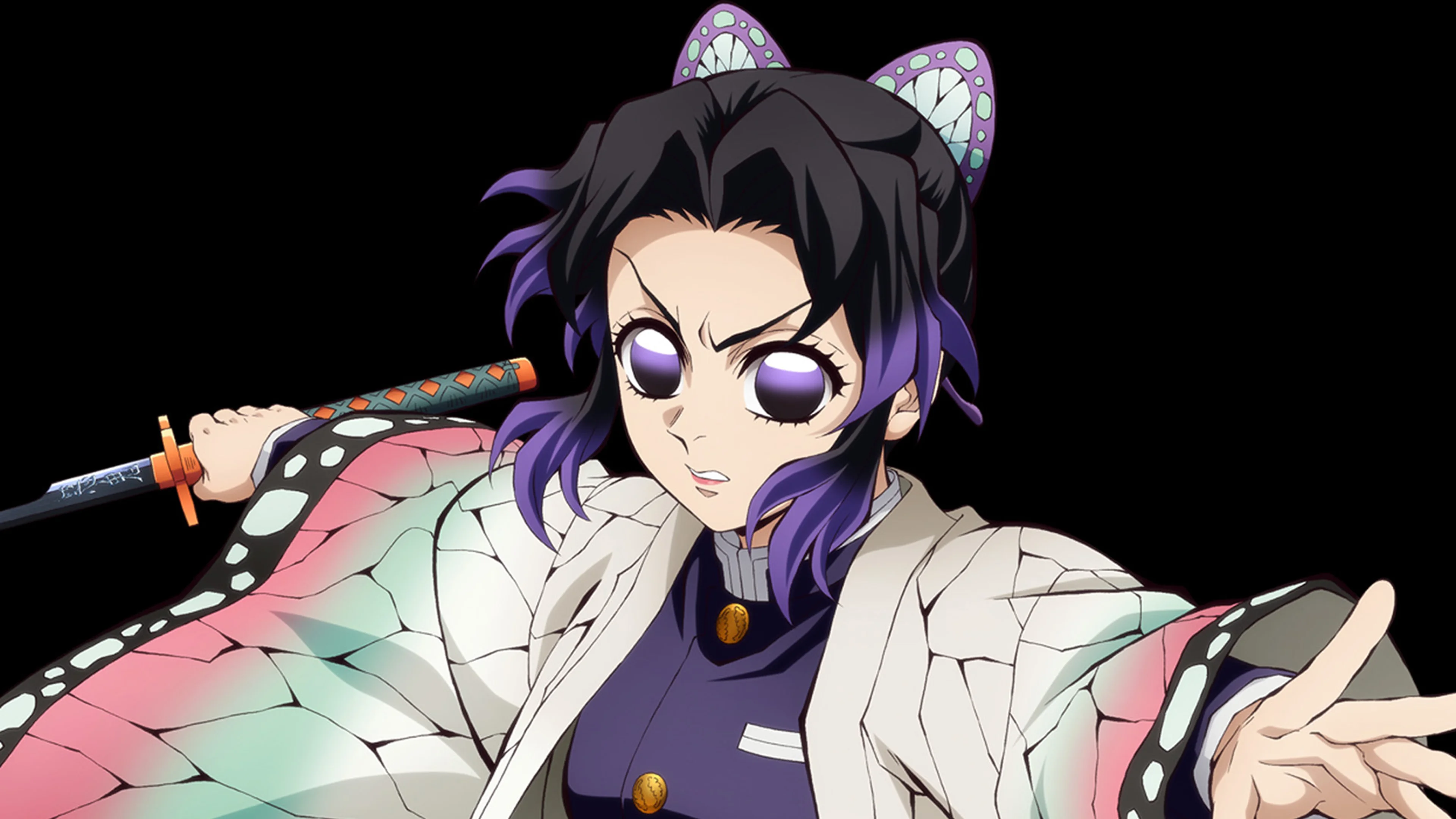 Official character art of Shinobu holding a sword behind her butterfly-patterned coat.