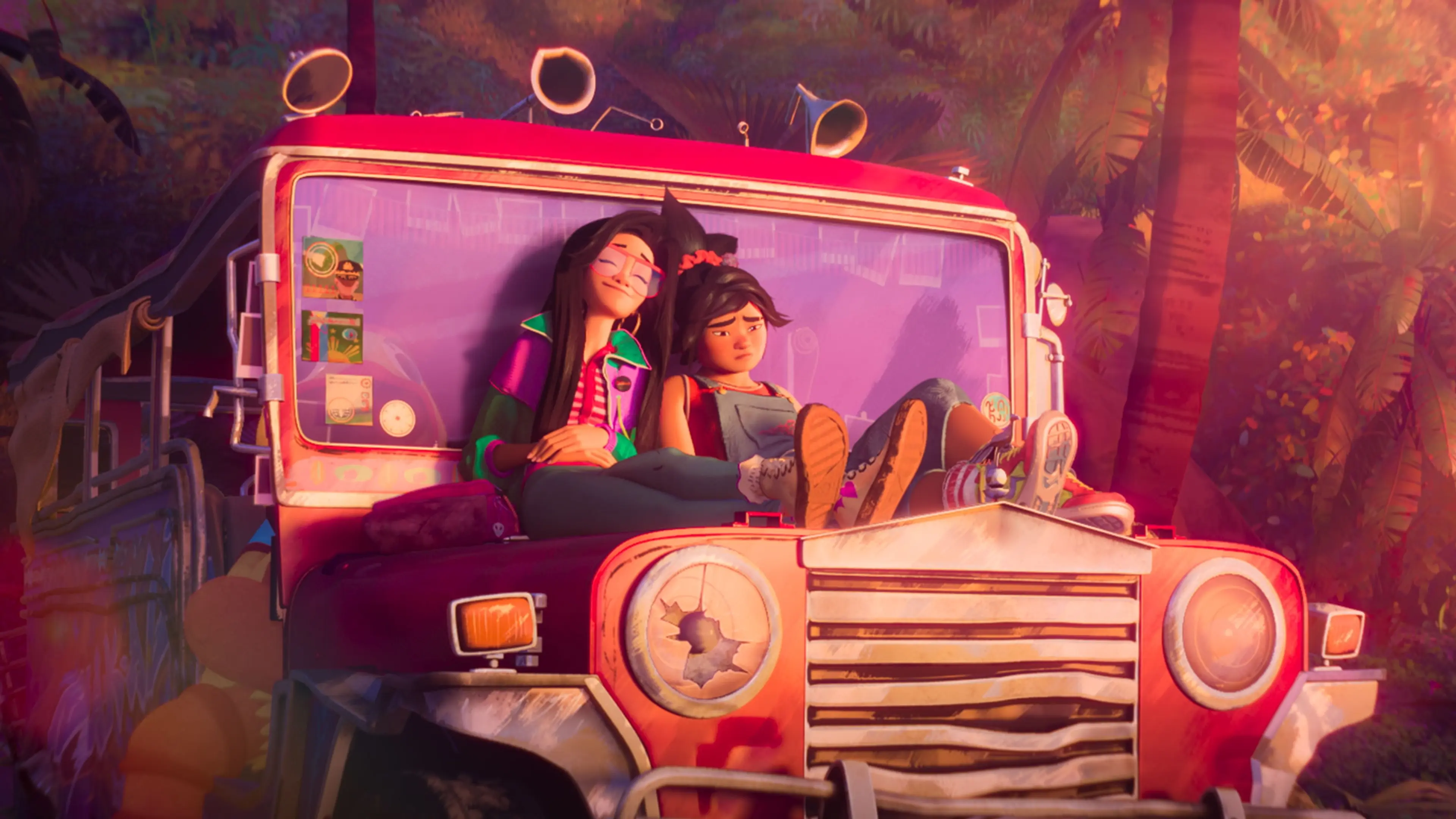 Jo and Raissa sit together on a red jeepney in Forgotten Island.