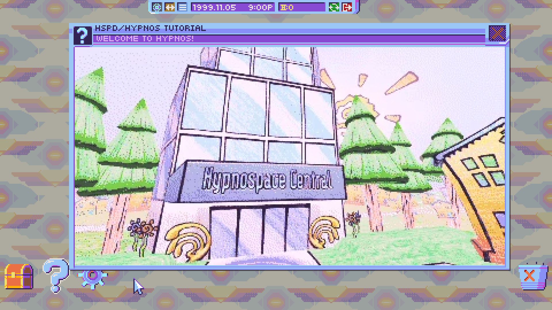 A Hypnospace Patrol welcome window introduces the job inside the simulated desktop, rather than a separate action-game world.