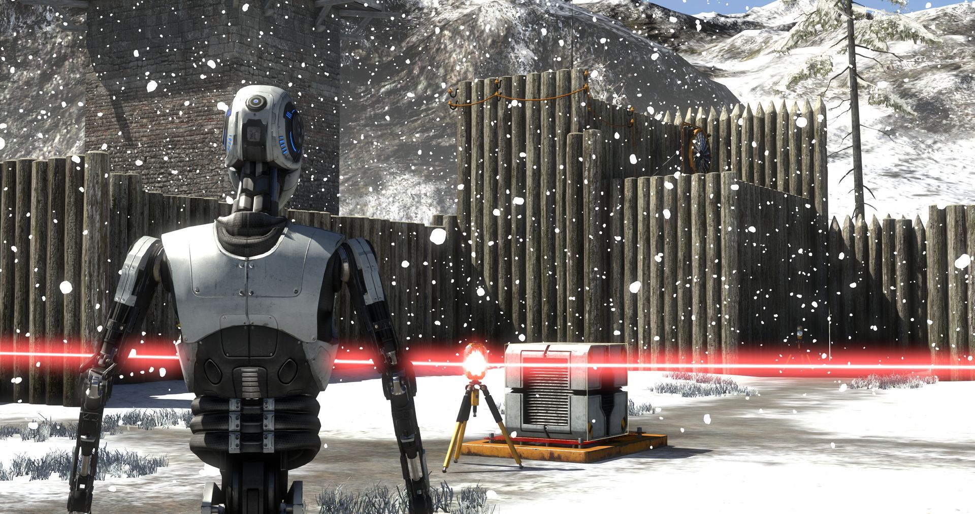 A robot stands in a snowy puzzle area with a red beam, metal walls and a device ahead.