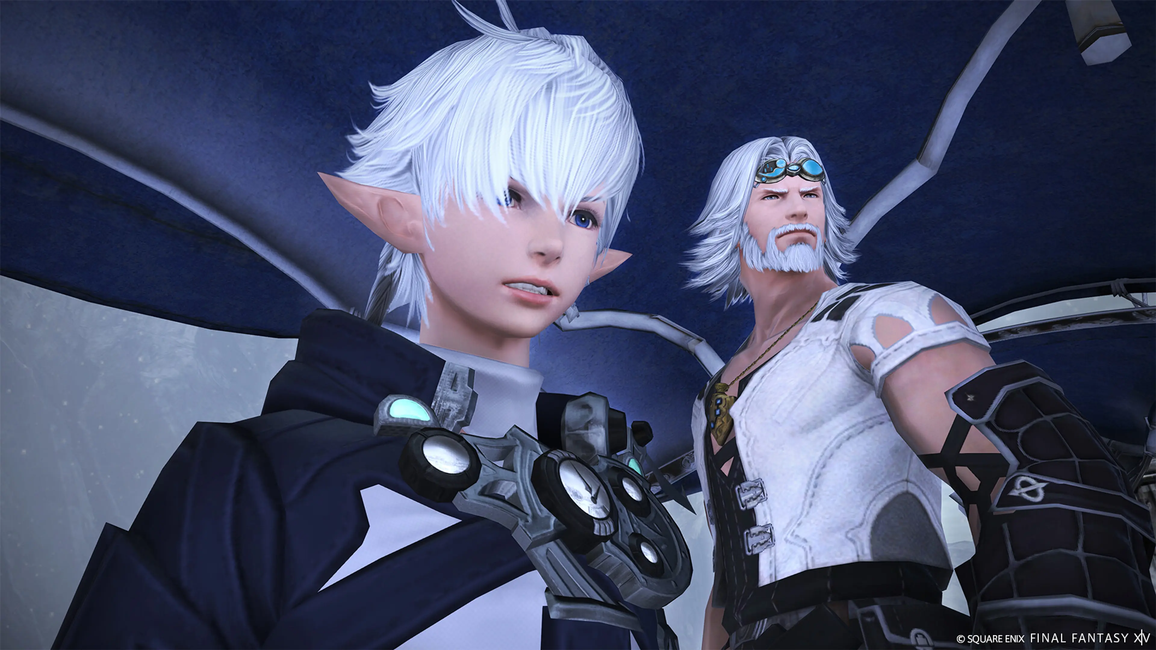 Two white-haired characters stand beneath a canopy in Final Fantasy XIV.