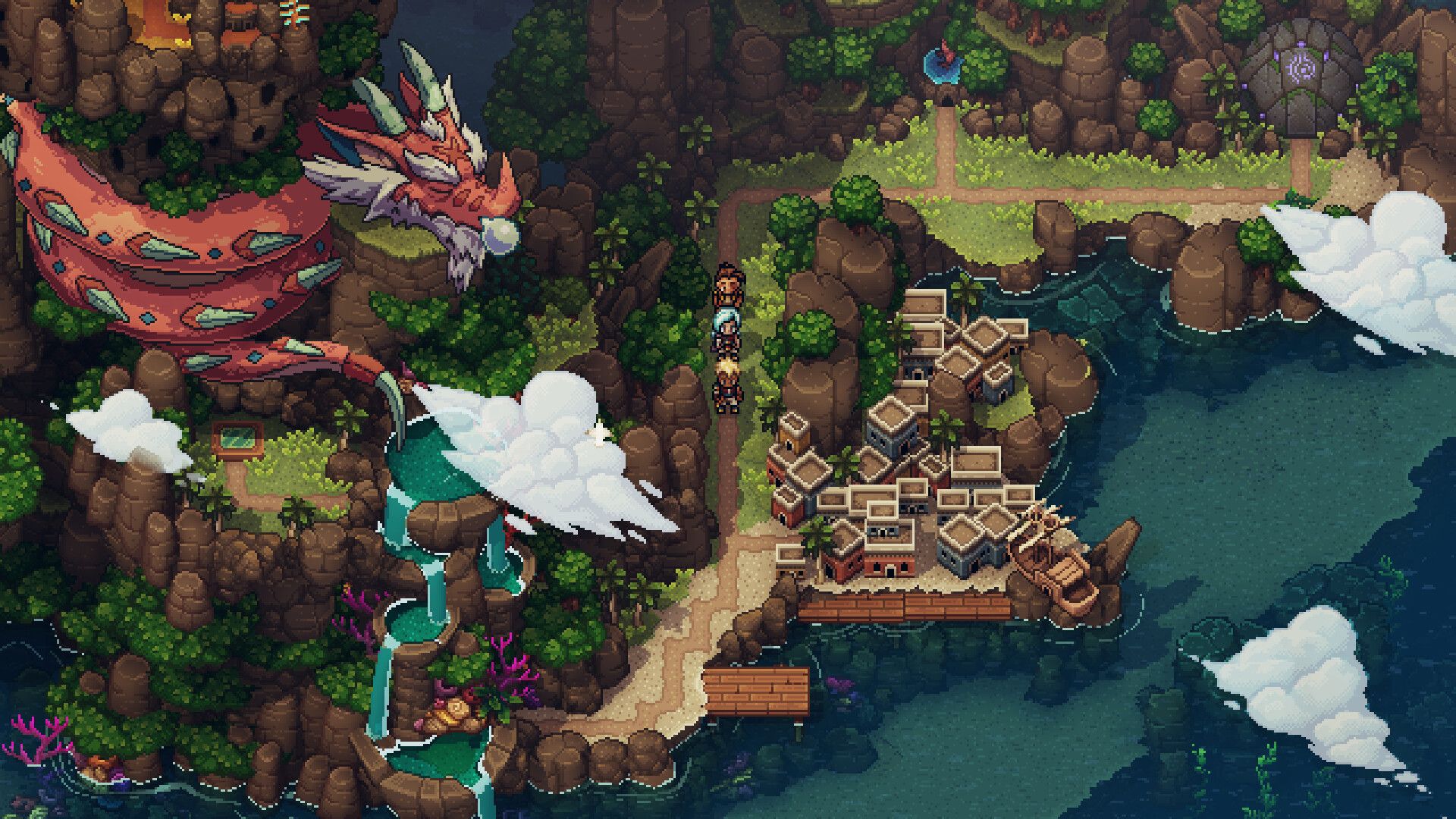 Characters explore a cliffside path above a waterfront settlement.