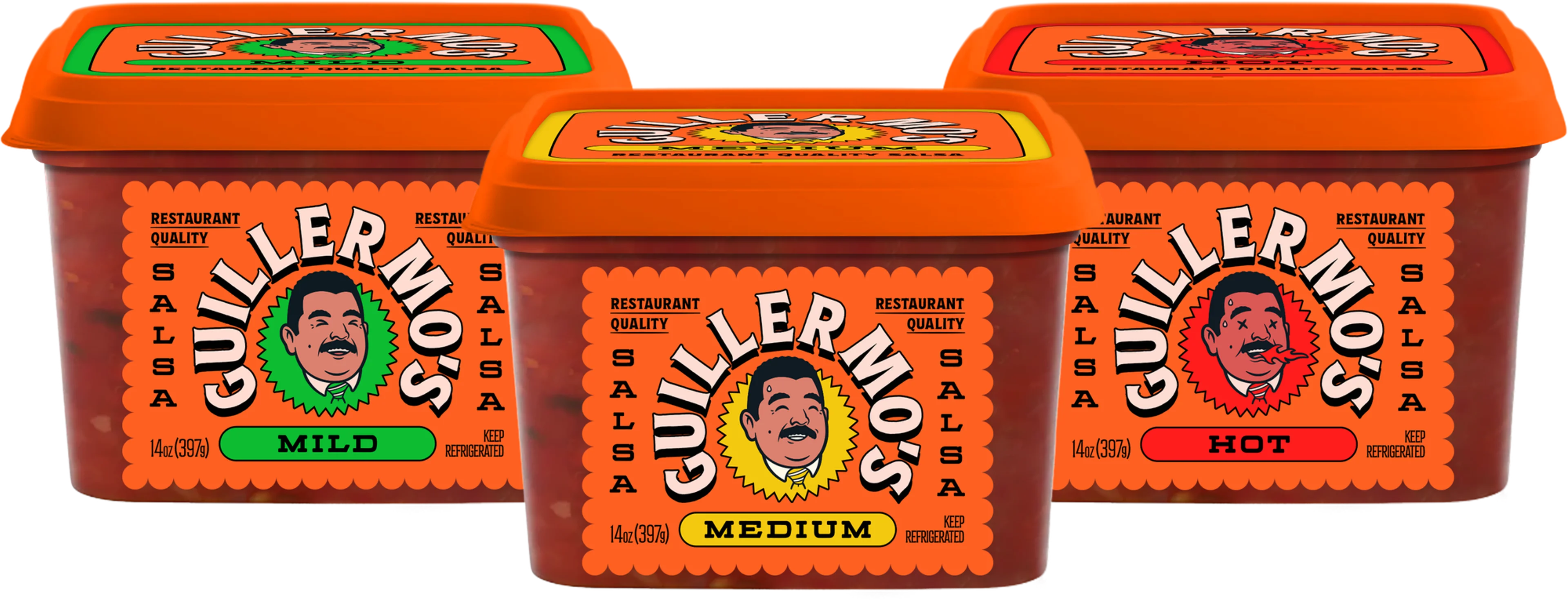 Guillermo’s Salsa tubs show Mild, Medium and Hot labels in green, yellow and red.