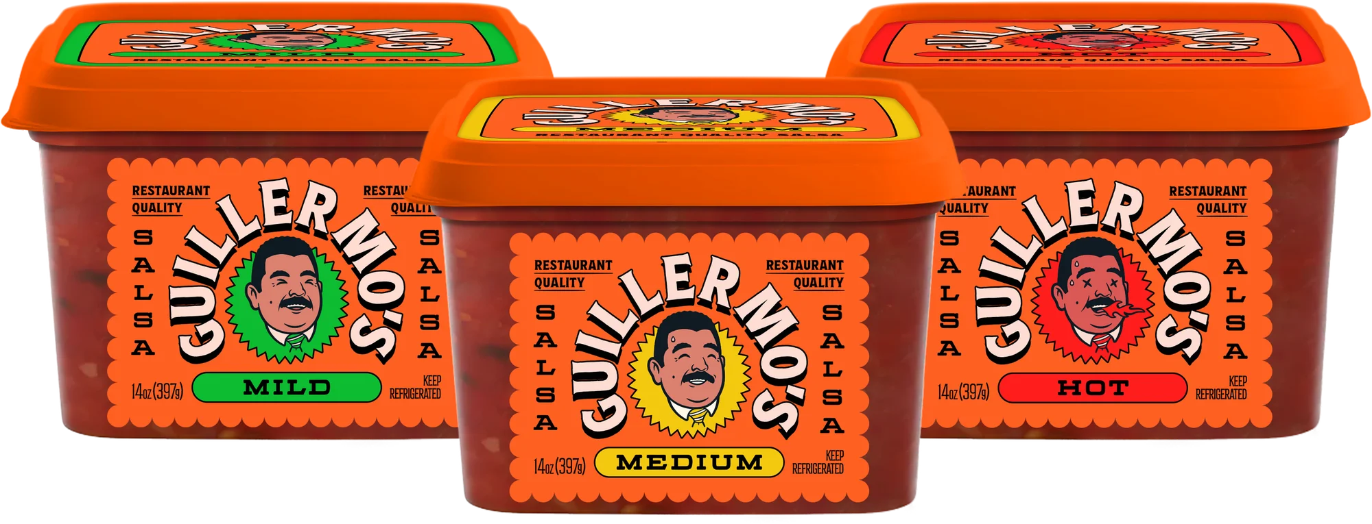 Guillermo’s Salsa tubs show Mild, Medium and Hot labels in green, yellow and red.