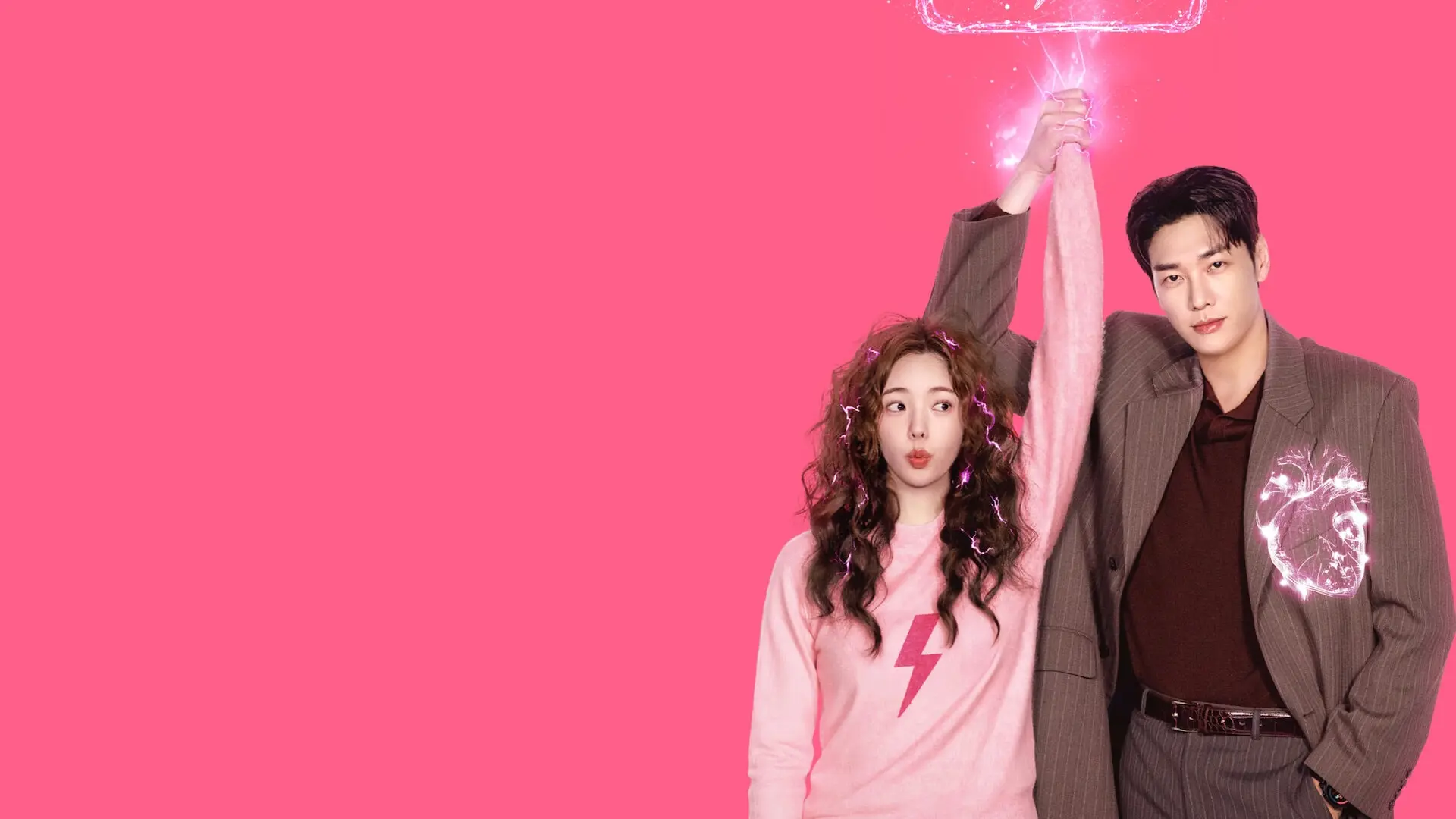 Chae Soo-bin and Kim Young-kwang hold hands against a pink background in Take Charge of My Heart.