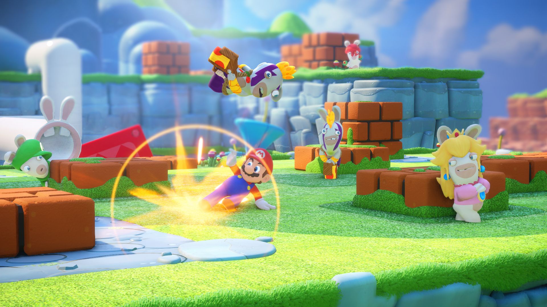 Mario and Rabbids attack enemies among low brick walls.