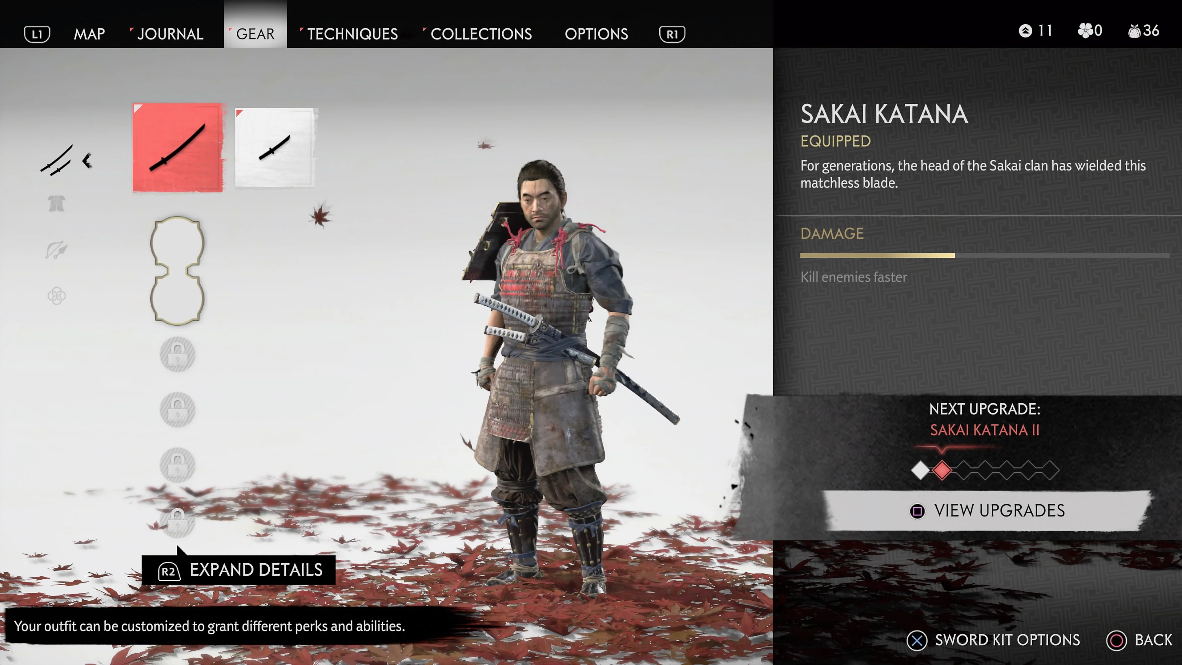 The Gear menu with GEAR highlighted along the top, a sword icon selected on the left, SAKAI KATANA details on the right and VIEW UPGRADES near the bottom.