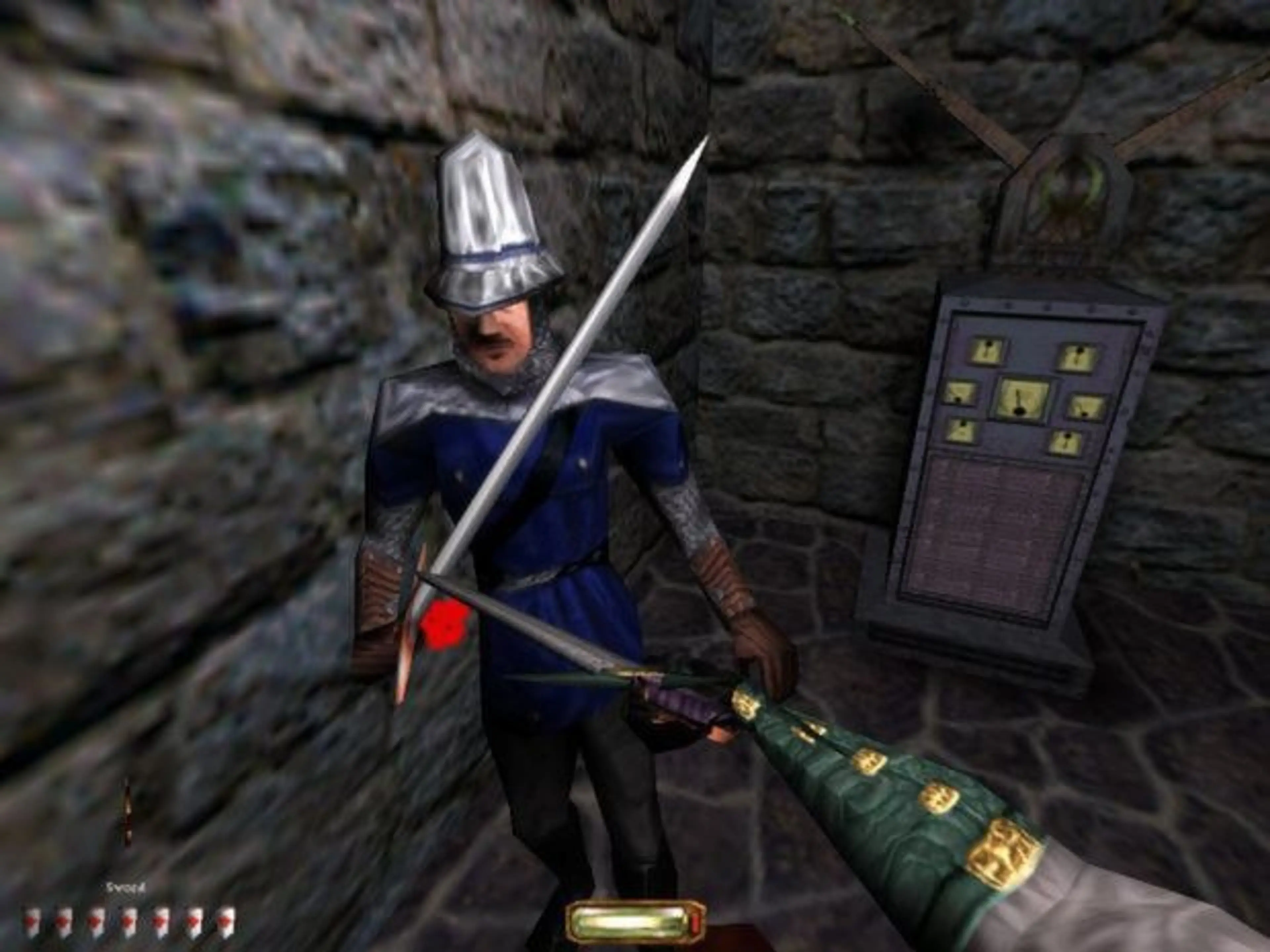 A guard confronts Garrett in Thief II.