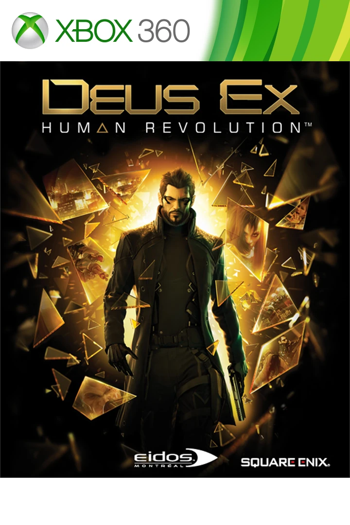Official original Deus Ex: Human Revolution Xbox 360 cover showing Adam Jensen and the native game title.