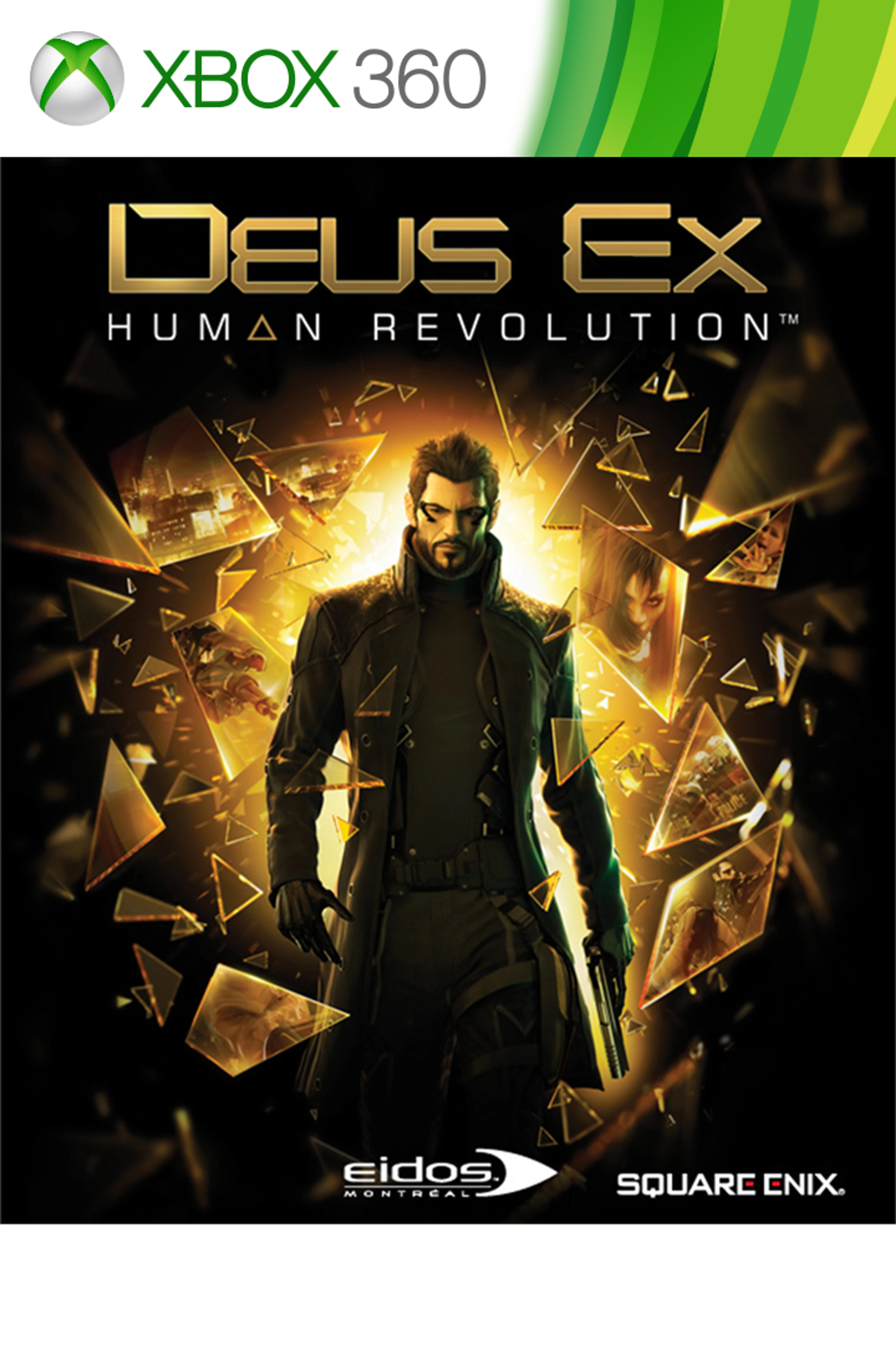 Official original Deus Ex: Human Revolution Xbox 360 cover showing Adam Jensen and the native game title.