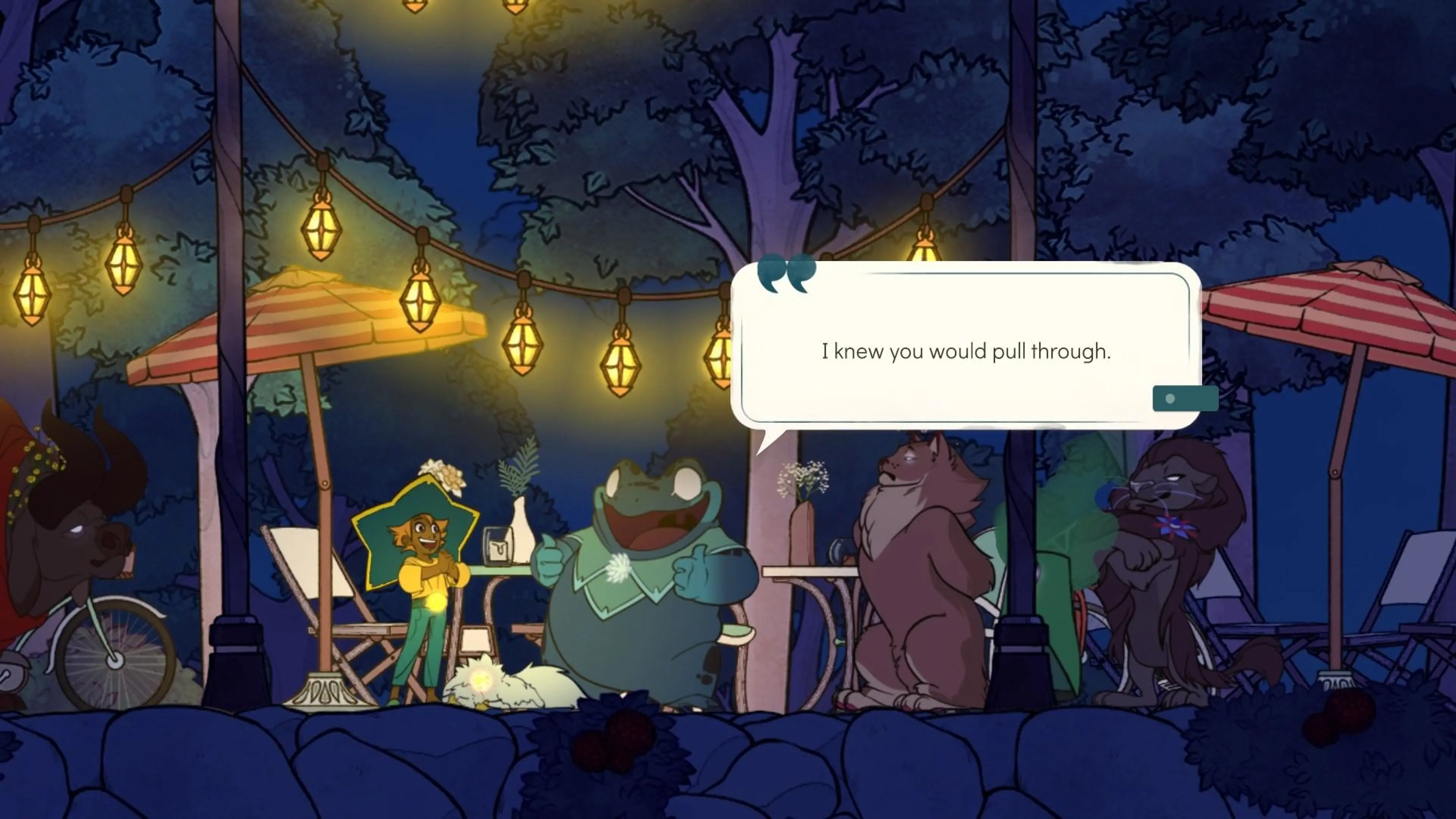 Stella talking with spirit characters in a lantern-lit Spiritfarer scene.