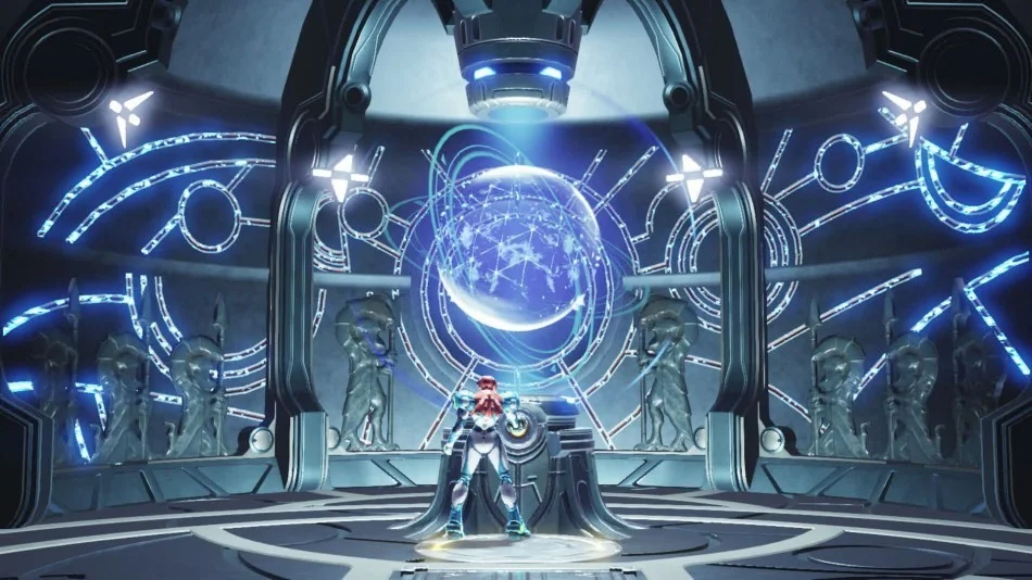 Samus stands at a round blue Map Station terminal in Metroid Dread.