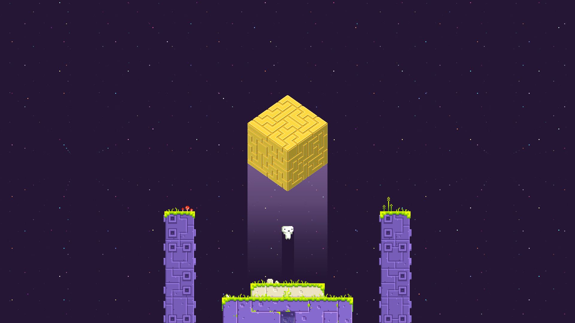 Gomez floats beneath a large golden cube between two purple stone pillars against a star field.