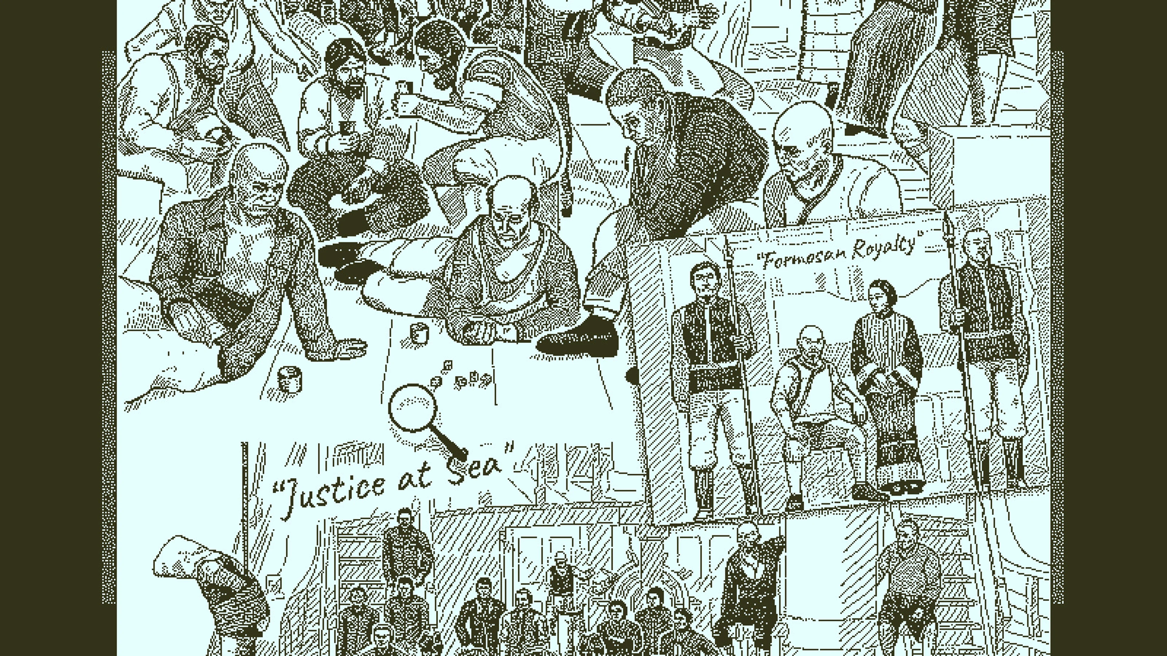 The book displays a large group drawing of the Obra Dinn crew and passengers.