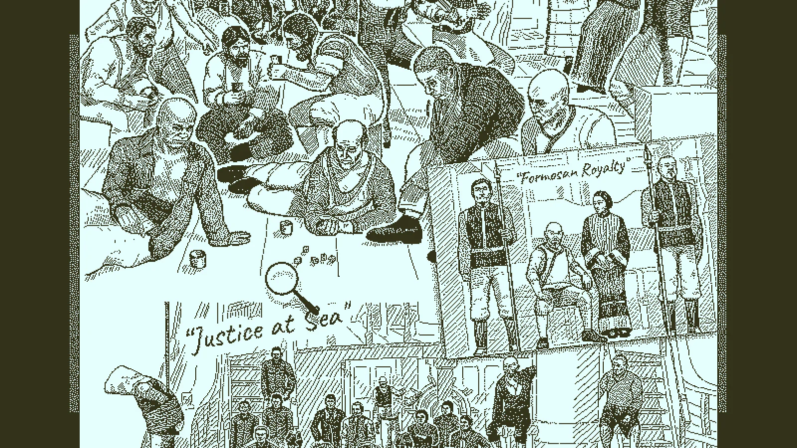 The book displays a large group drawing of the Obra Dinn crew and passengers.
