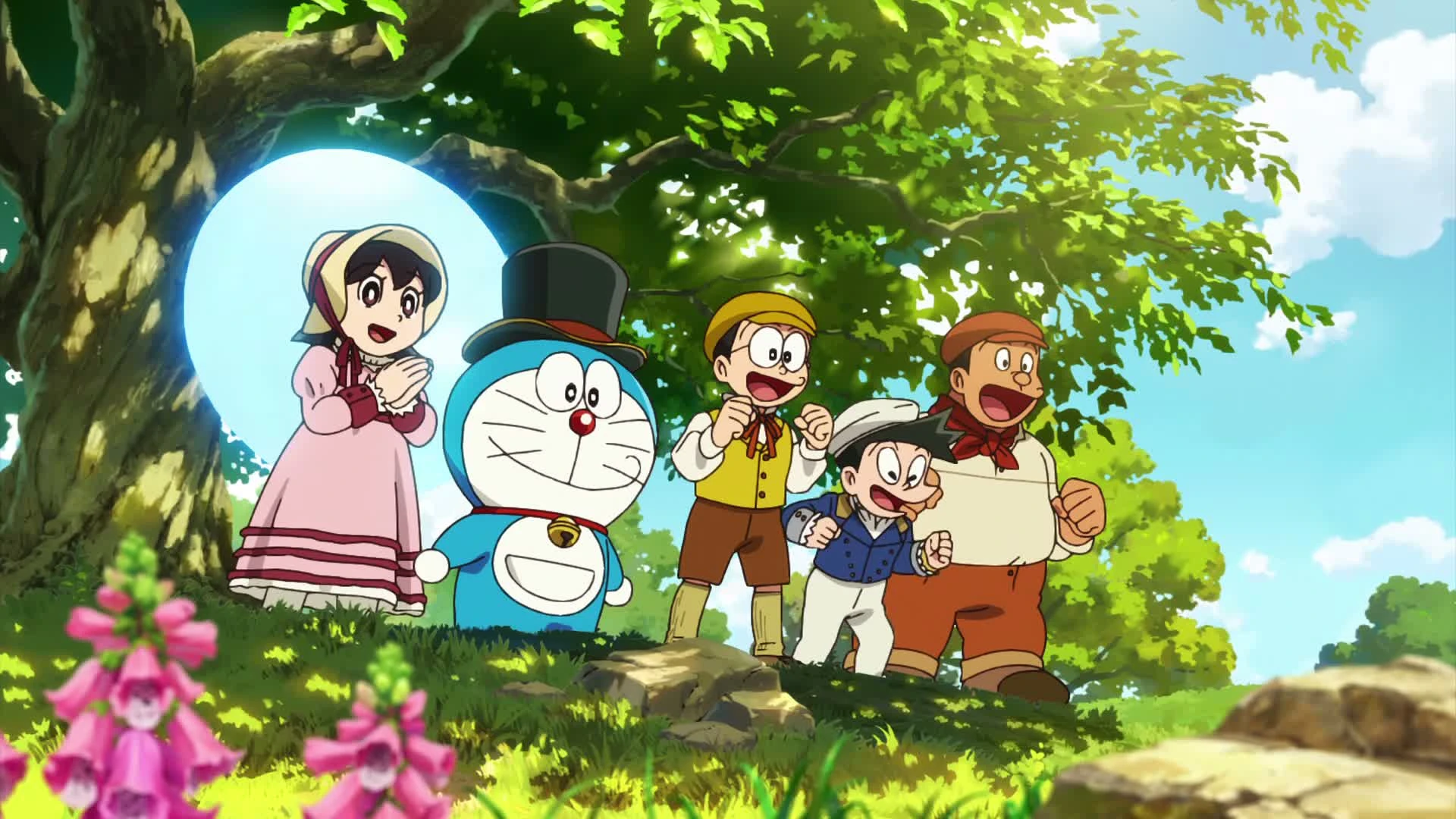Doraemon, Nobita, Shizuka, Gian and Suneo explore a sunny landscape in 19th-century clothing.