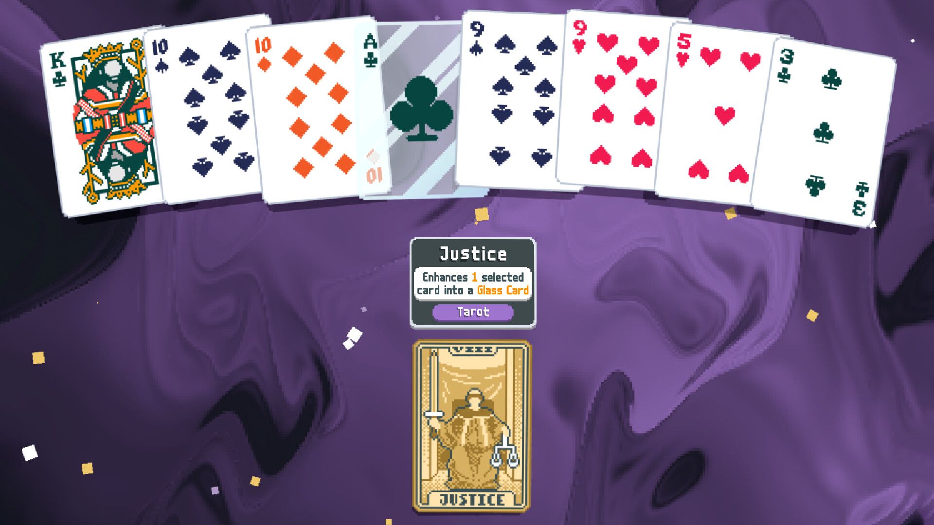 Balatro Joker card displayed above a hand of playing cards.